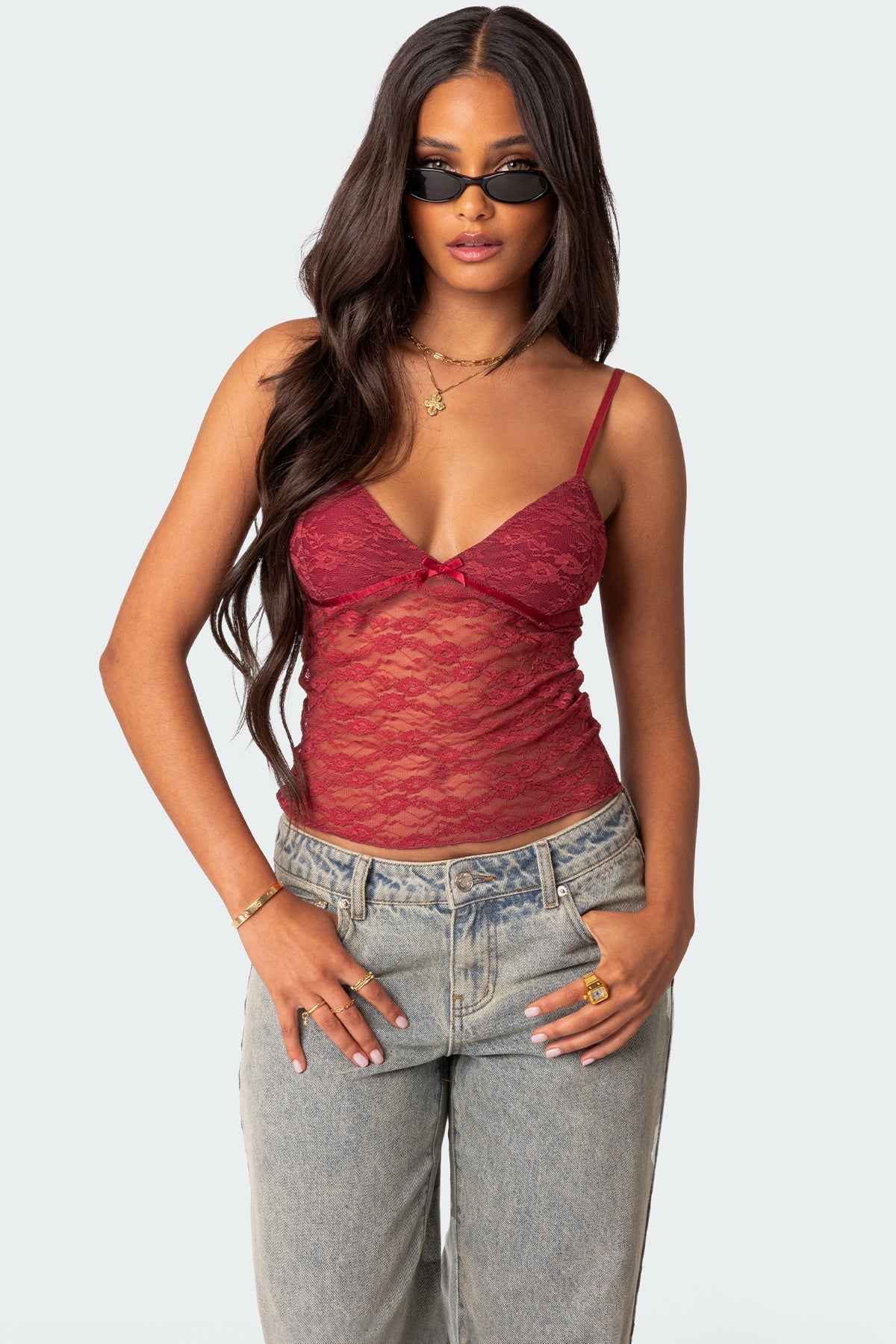 Azalea | Sheer Lace Top Red