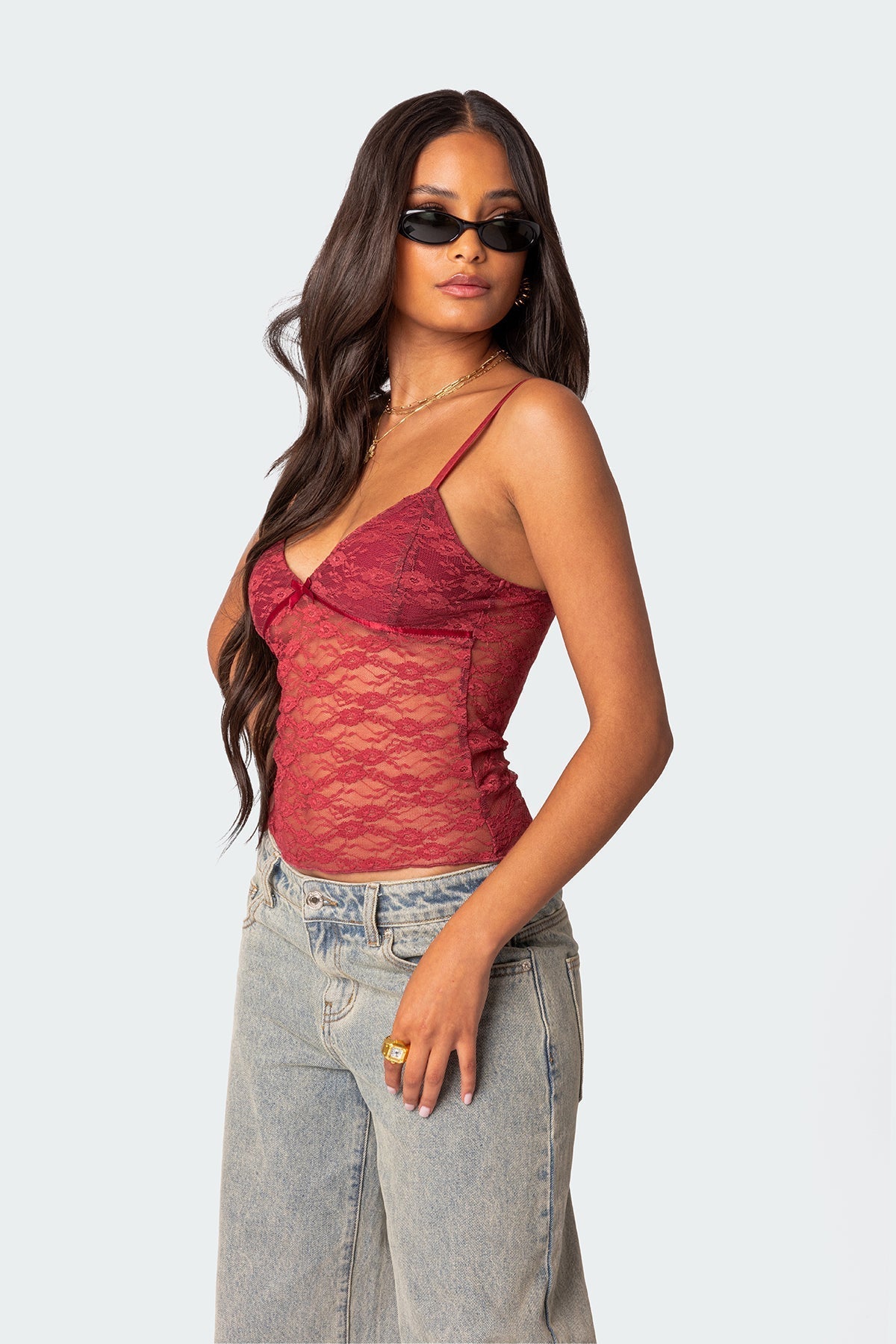 Azalea | Sheer Lace Top Red