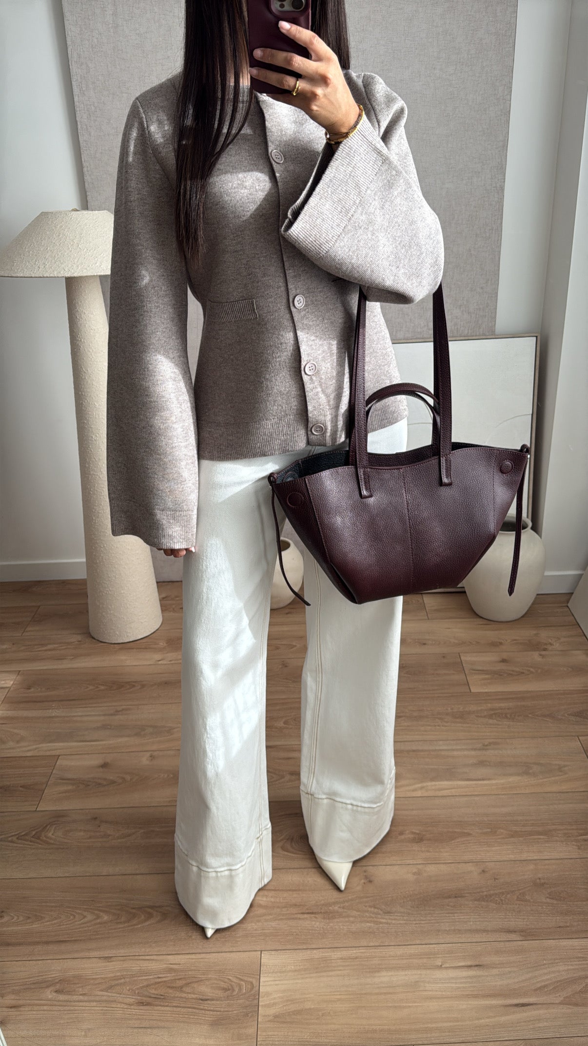 Waist-cinching cardigan with flared sleeves and mock neck [MOCK NECK TAUPE