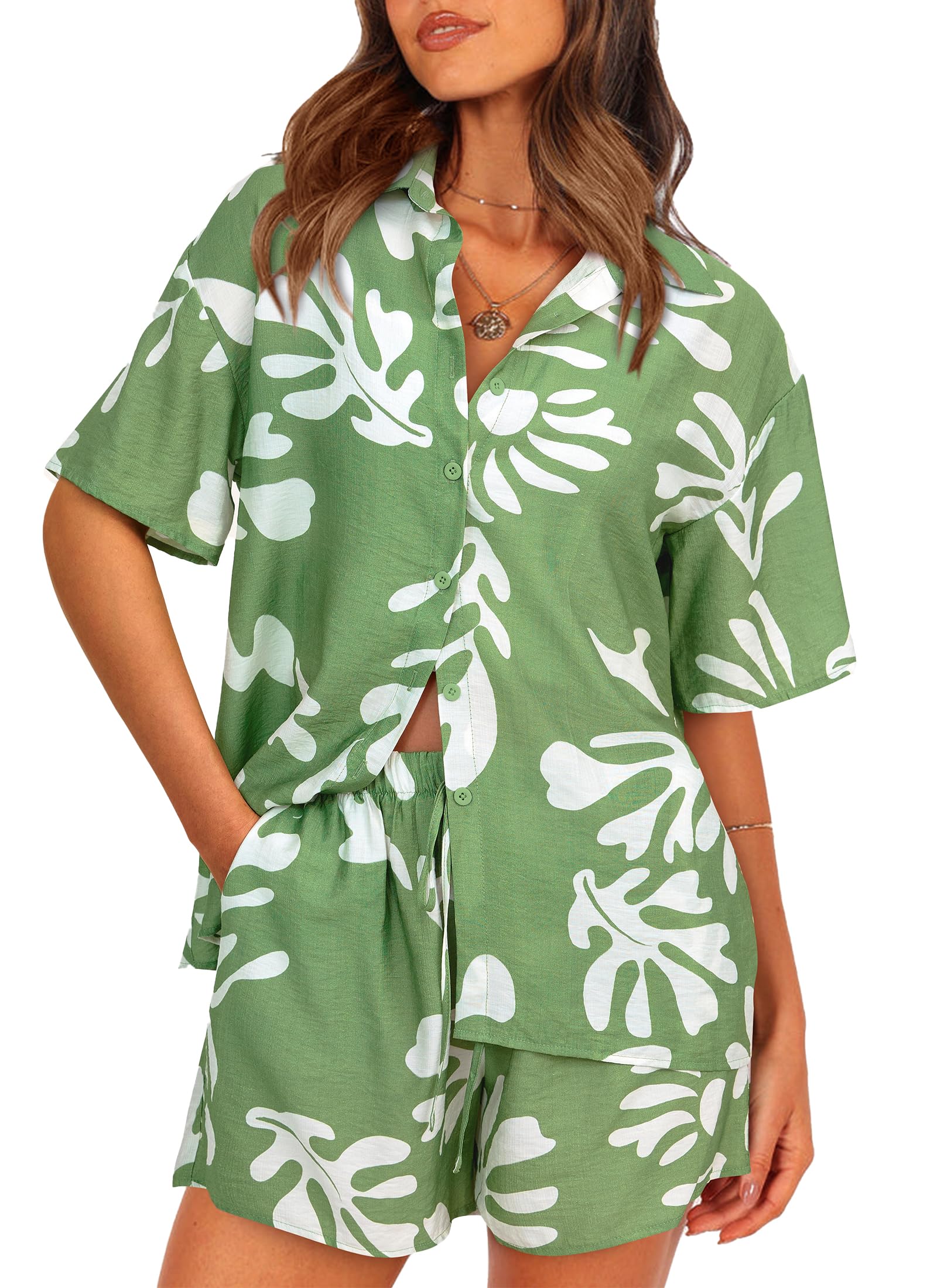 Chichi Women Summer 2 Piece Sets Printed Short Sleeve Tops Lounge Shorts Beach Vacation Outfits Green