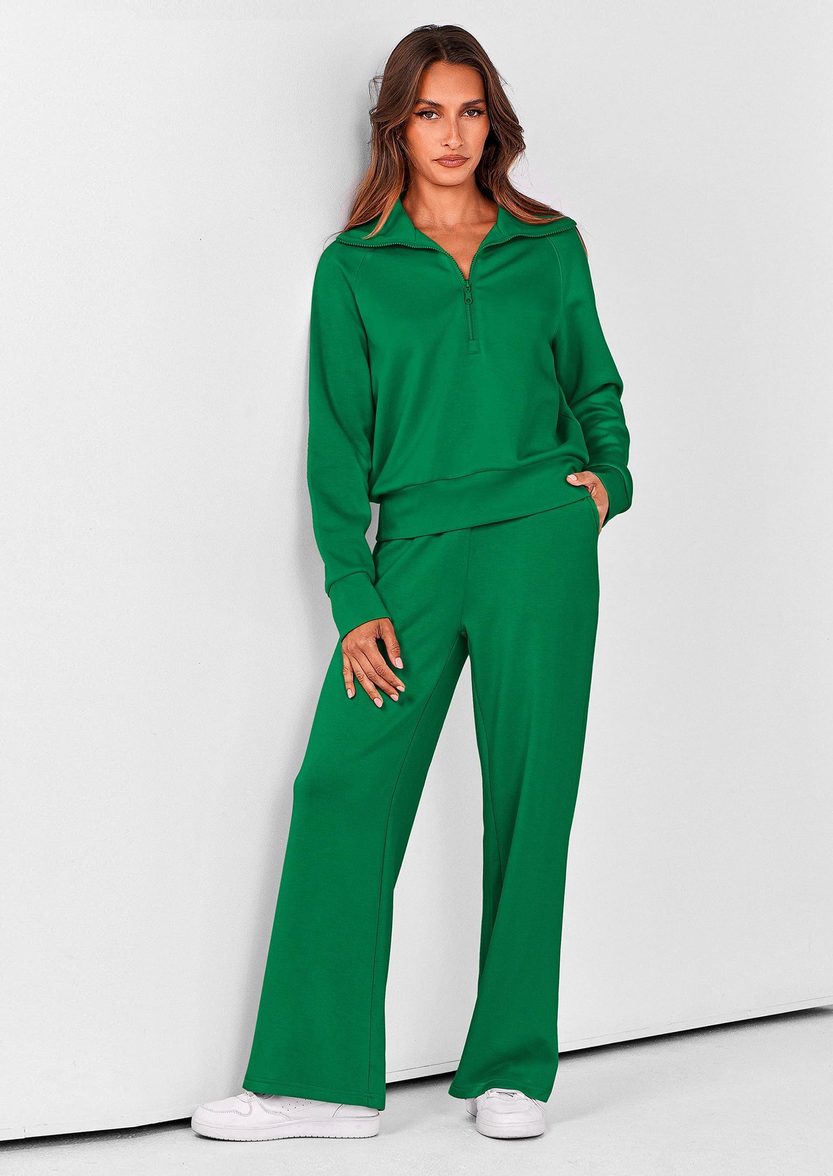 Chichi Women's 2 Piece Outfits Casual Lapel Half Zip Sweatshirts And Wide Leg Pants Tracksuit Sets Green