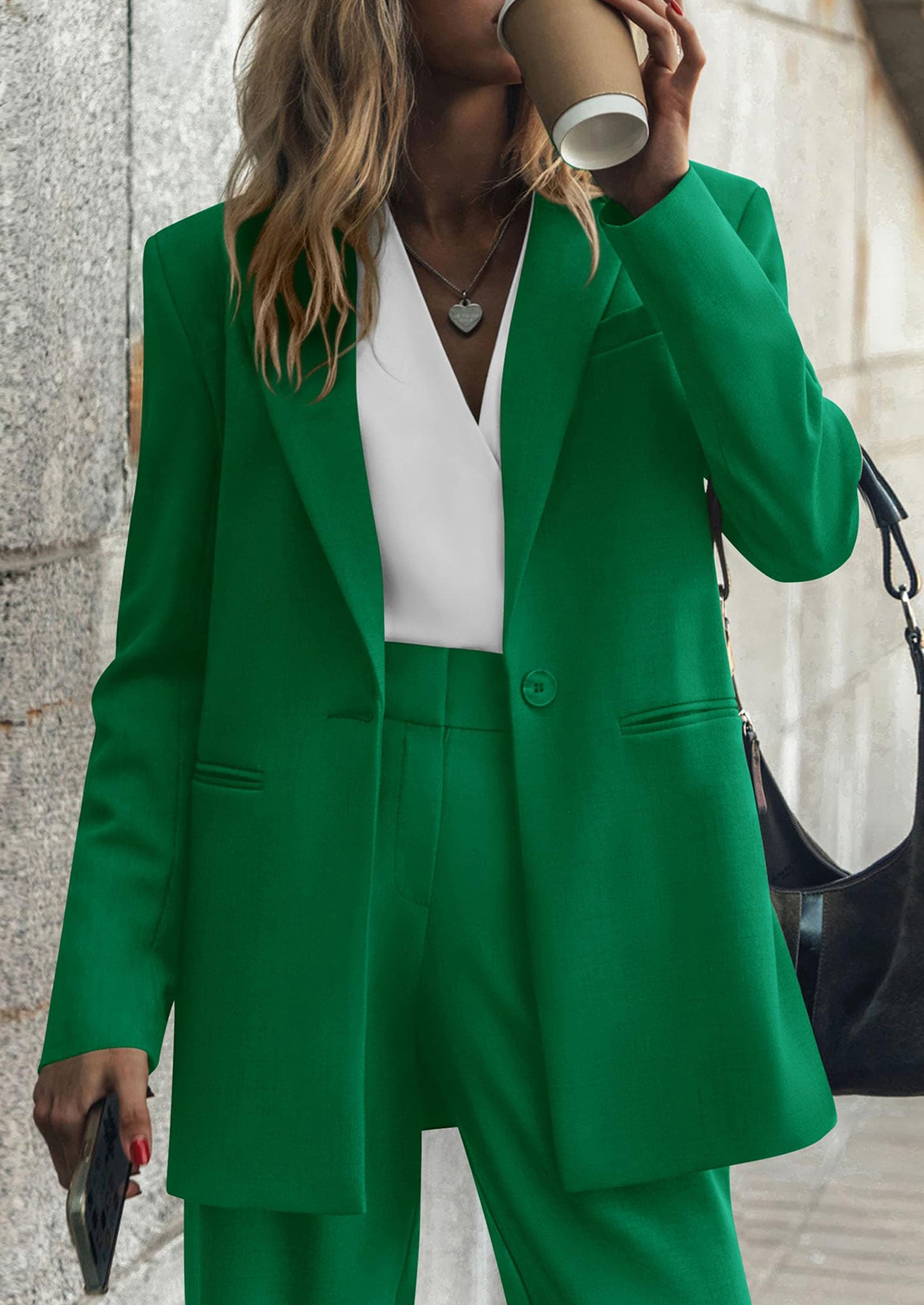 Chichi Women's Fall Two Piece Outfits Dressy Blazer Jacket and Wide Leg Pants Pockets Business Casual Office Suit Sets Green