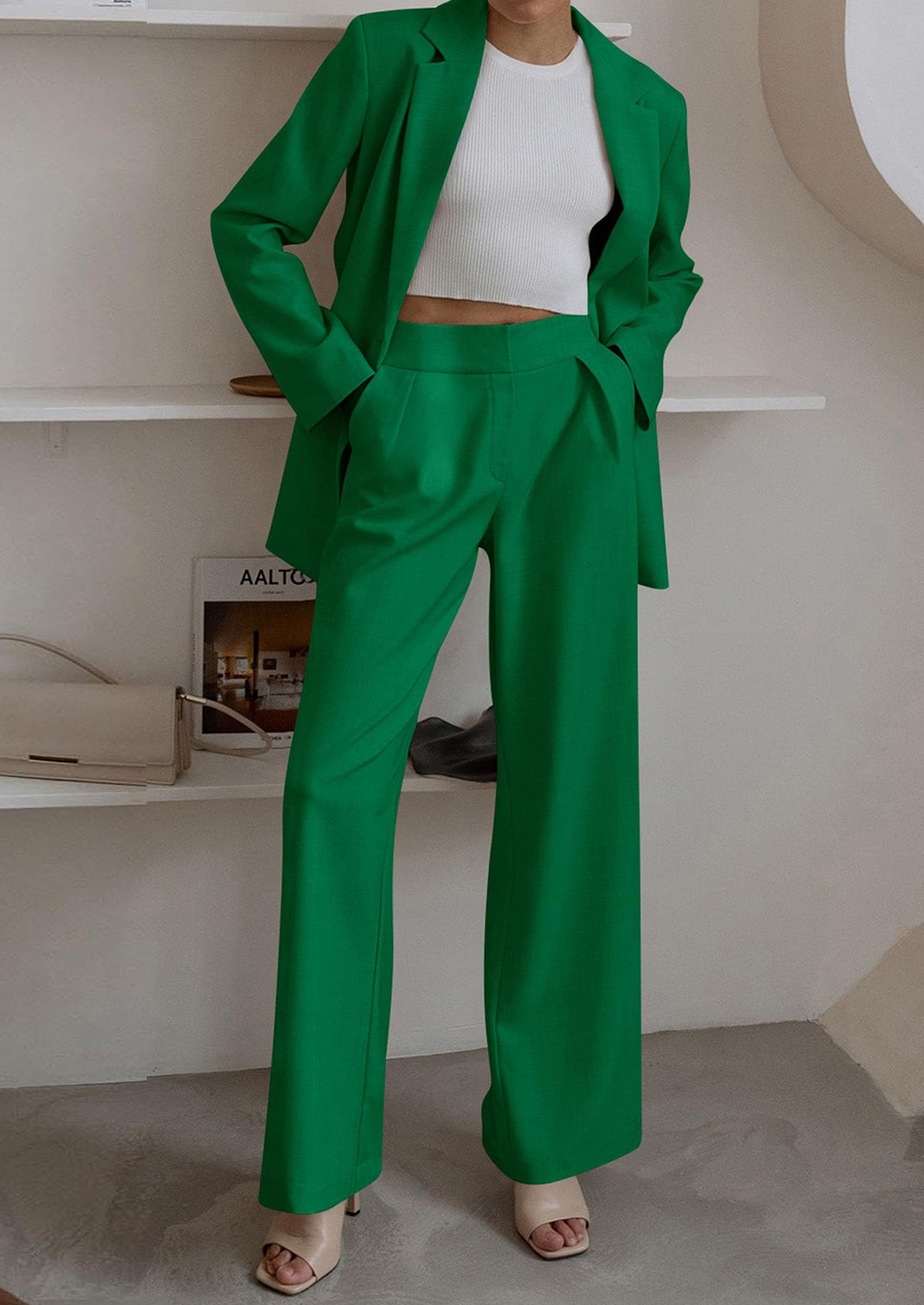 Chichi Women's Fall Two Piece Outfits Dressy Blazer Jacket and Wide Leg Pants Pockets Business Casual Office Suit Sets Green