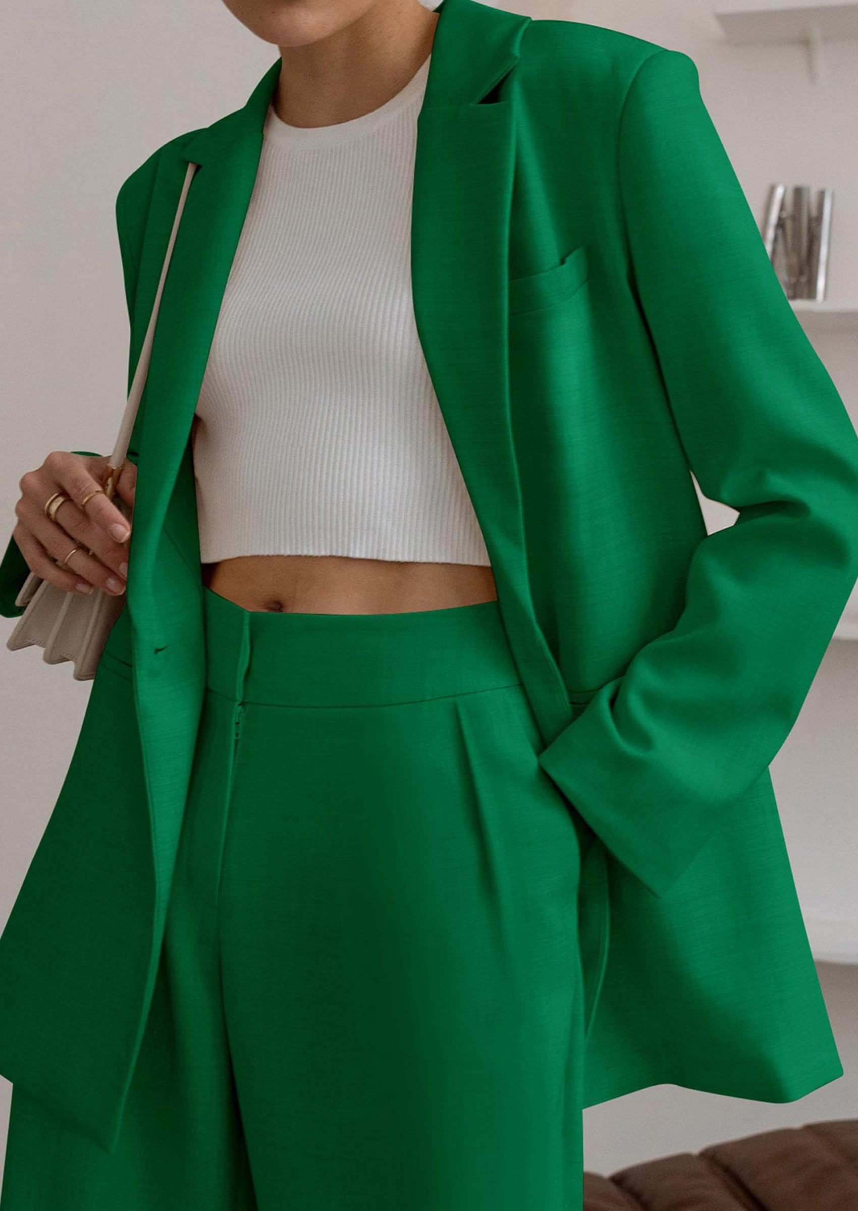 Chichi Women's Fall Two Piece Outfits Dressy Blazer Jacket and Wide Leg Pants Pockets Business Casual Office Suit Sets Green