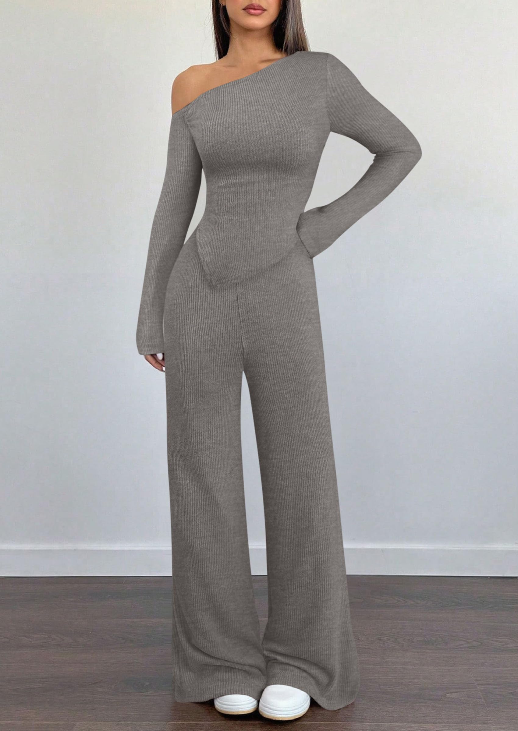 Chichi Casual Two Piece Sets for Women Fall Outfits Asymmetrical Off Shoulder Tops Wide Leg Pants Knit Lounge Set Grey