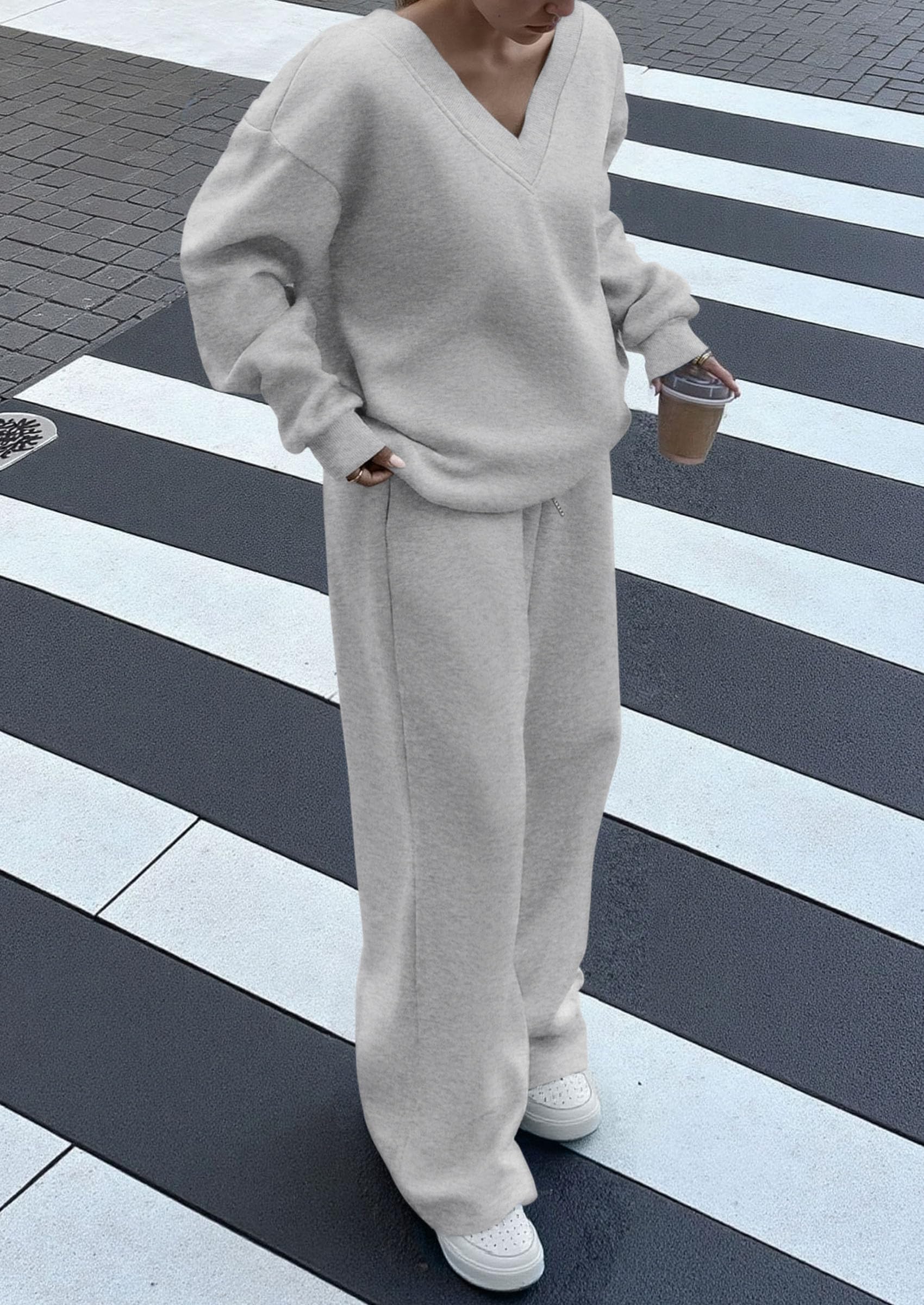 Chichi Casual Winter Two Piece Sets for Women V Neck Sweatshirt Loose Wide Leg Pants Tracksuit Knit Fall Outfits Grey