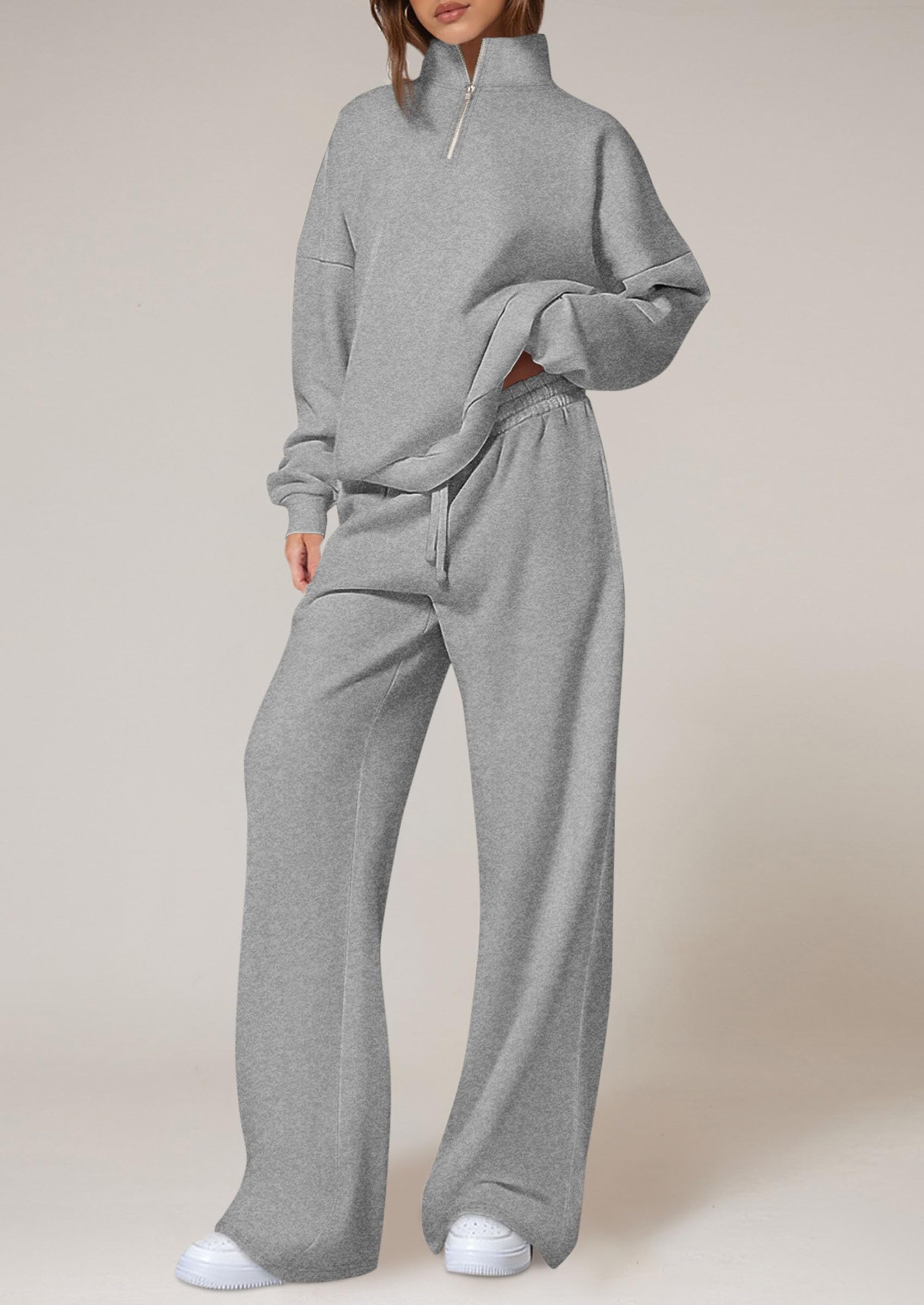 Chichi Womens Casual Two Piece Sets Fall Outfits Quarter Zip Sweatshirts Straight Leg Pants Sweatsuits Tracksuit Grey