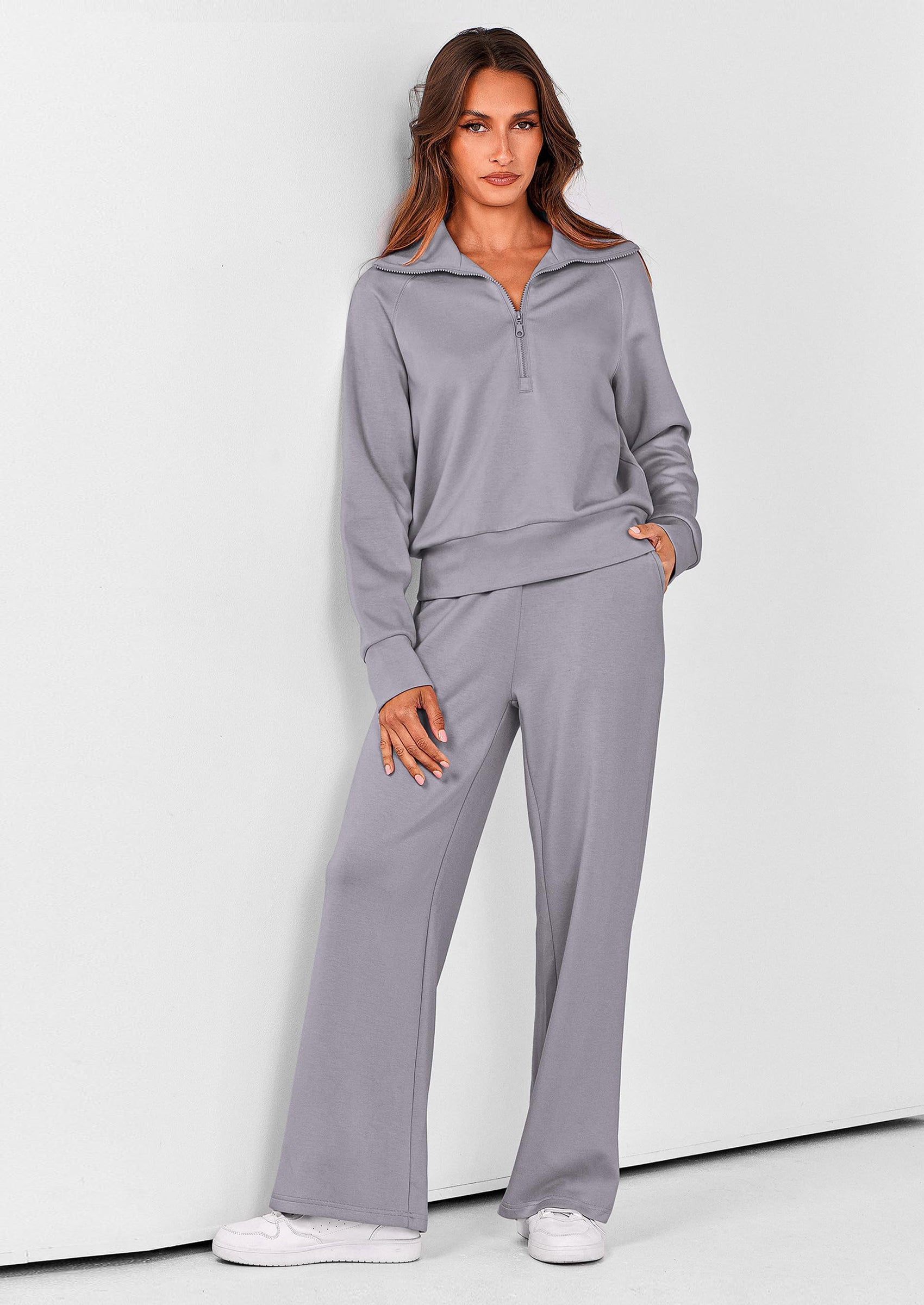 Chichi Women's 2 Piece Outfits Casual Lapel Half Zip Sweatshirts And Wide Leg Pants Tracksuit Sets Grey