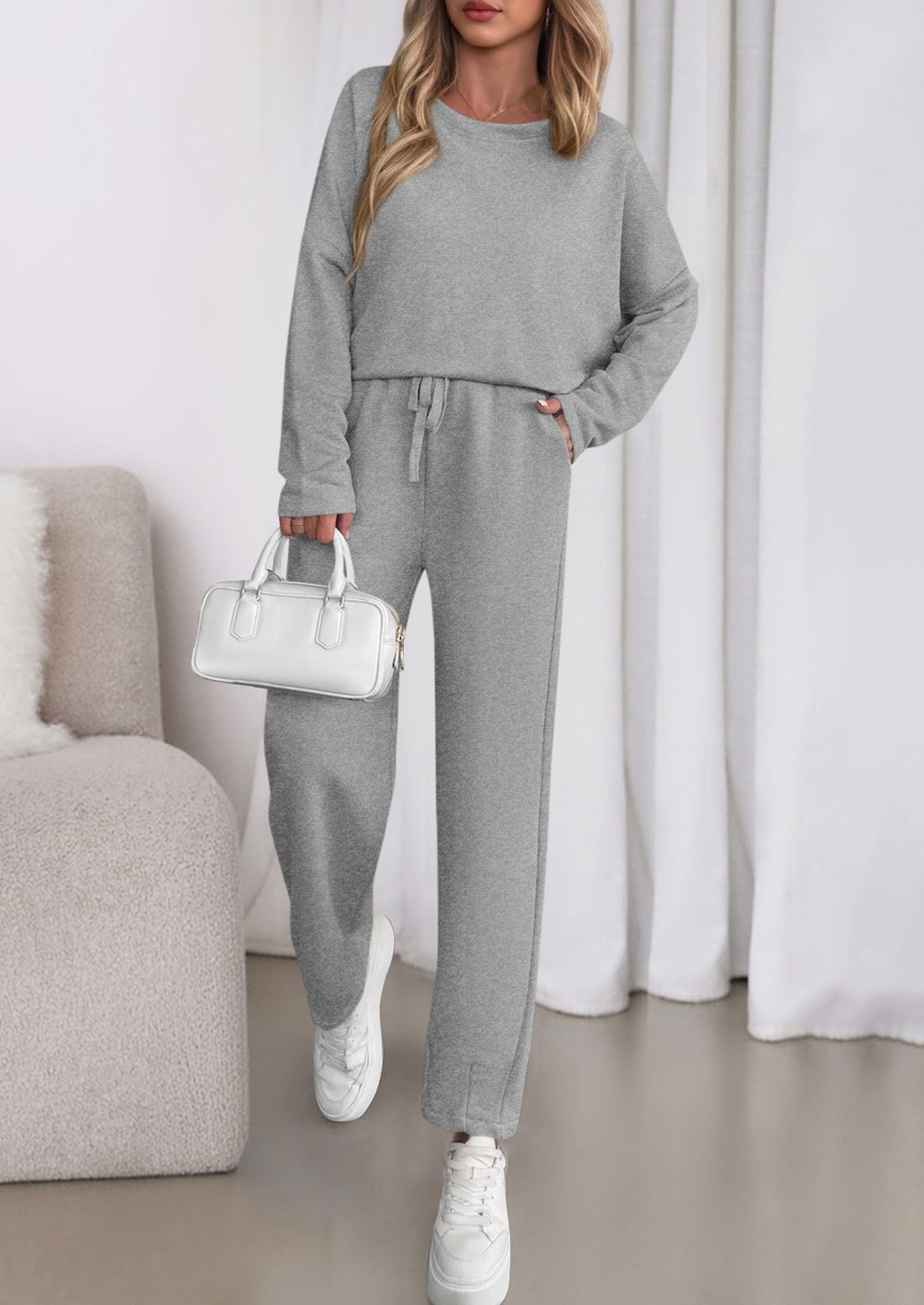 Chichi Womens 2 Piece Matching Lounge Sets Fall Long Sleeve Boatneck Sweatsuit Drawstring Sweatpants Pockets Grey