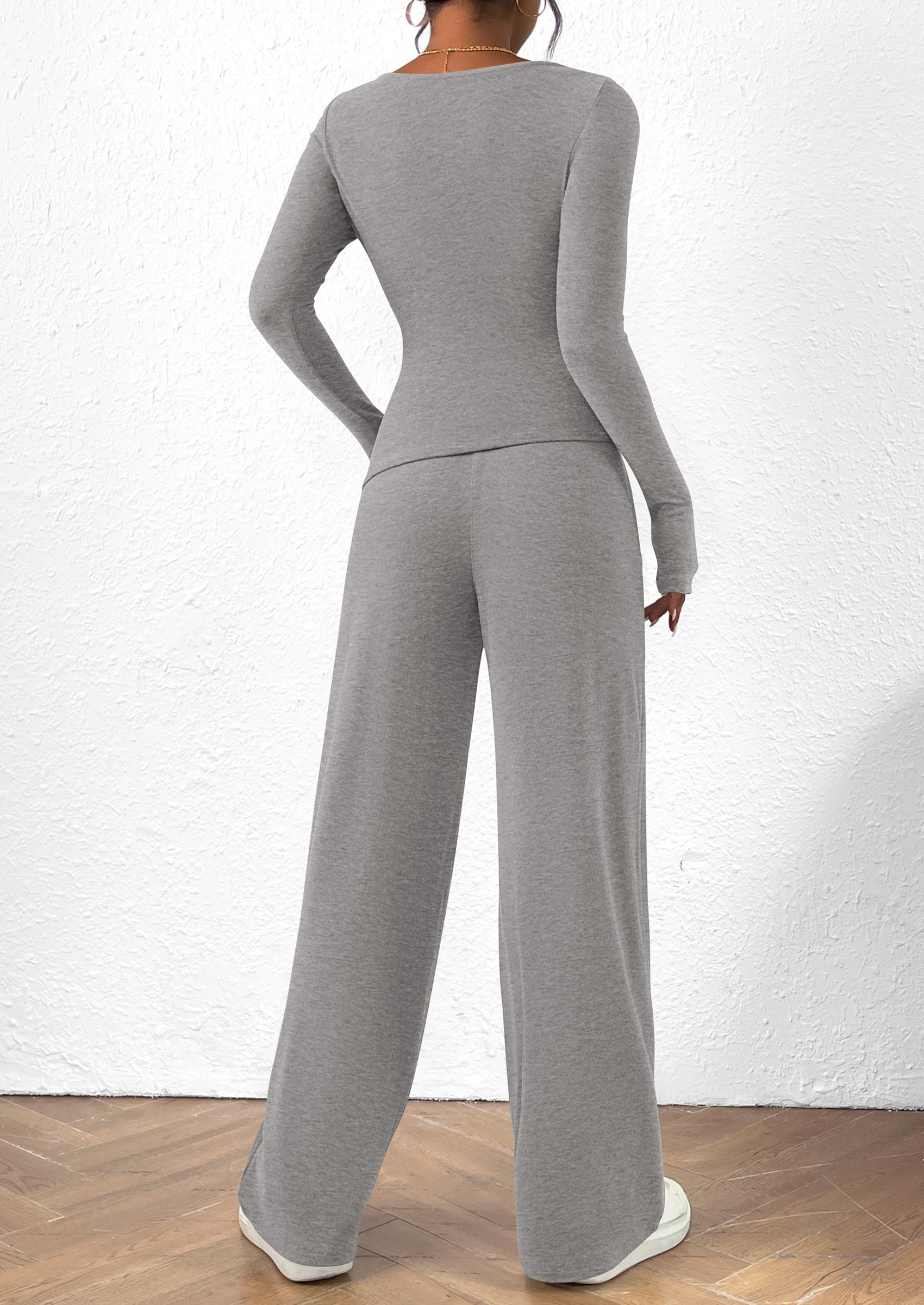Chichi Women's 2 Piece Lounge Sets Asymmetrical Long Sleeve T Shirt Wide Leg Pants Casual Outfits Tracksuit Grey