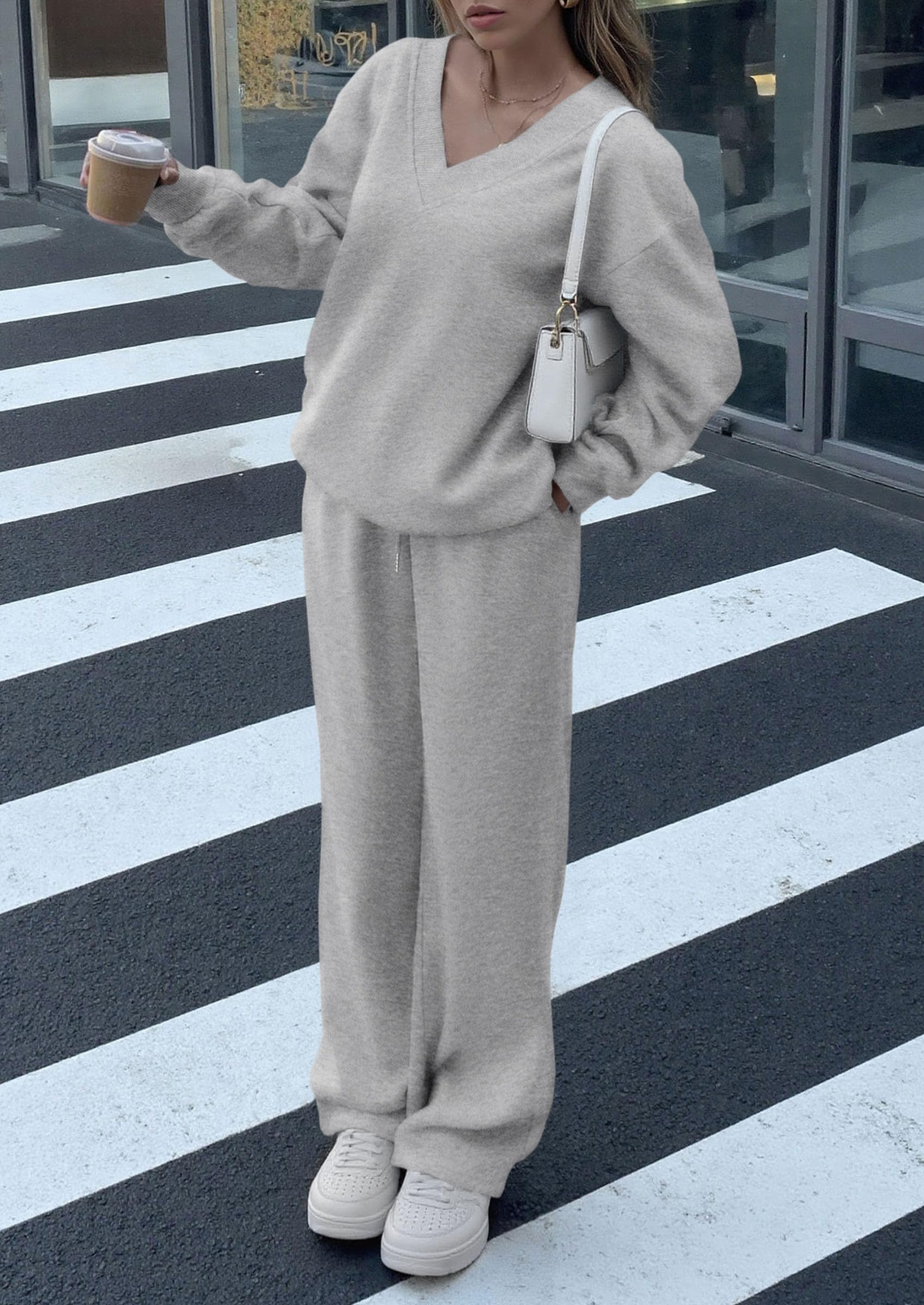 Chichi Casual Winter Two Piece Sets for Women V Neck Sweatshirt Loose Wide Leg Pants Tracksuit Knit Fall Outfits Grey