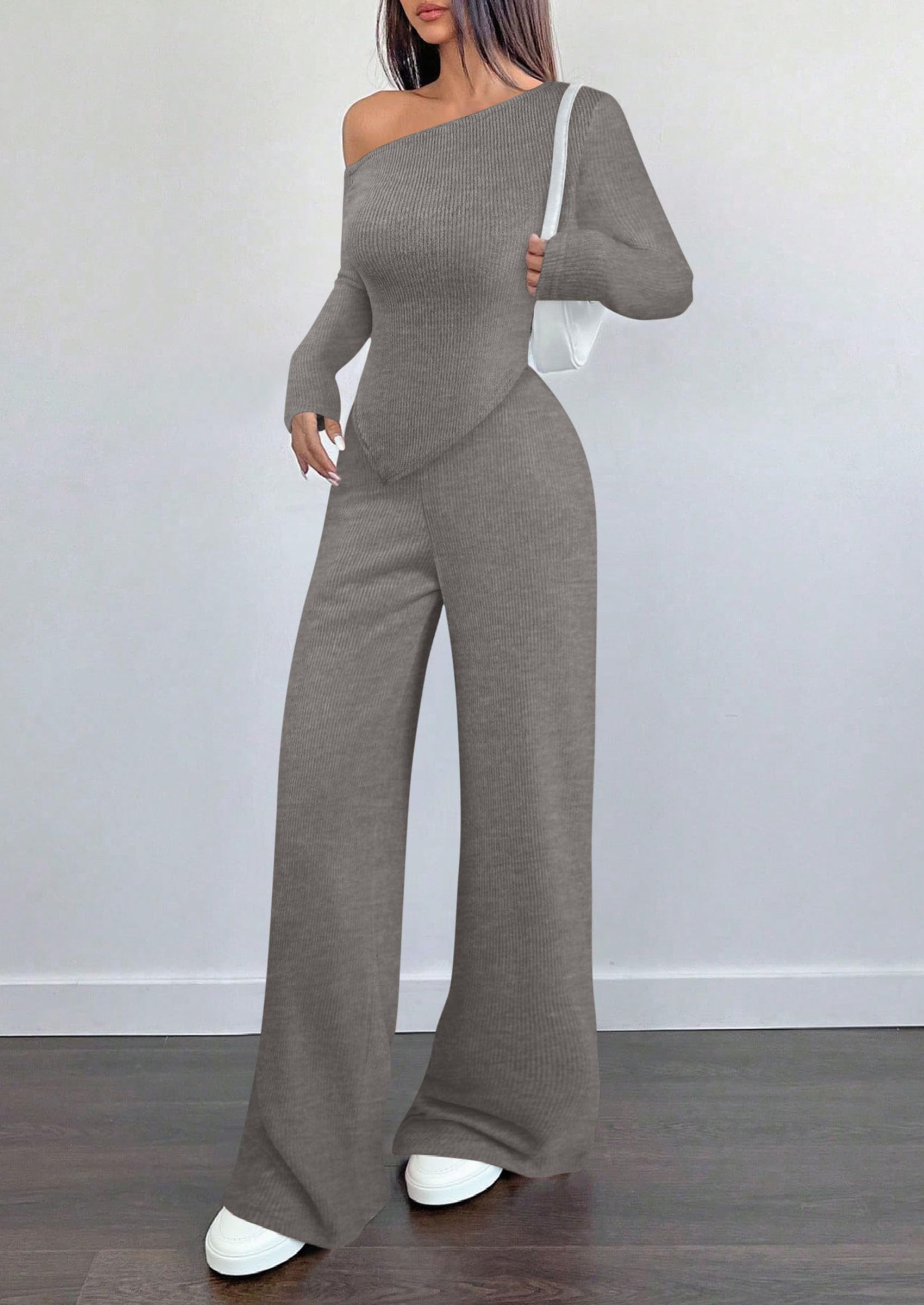 Chichi Casual Two Piece Sets for Women Fall Outfits Asymmetrical Off Shoulder Tops Wide Leg Pants Knit Lounge Set Grey