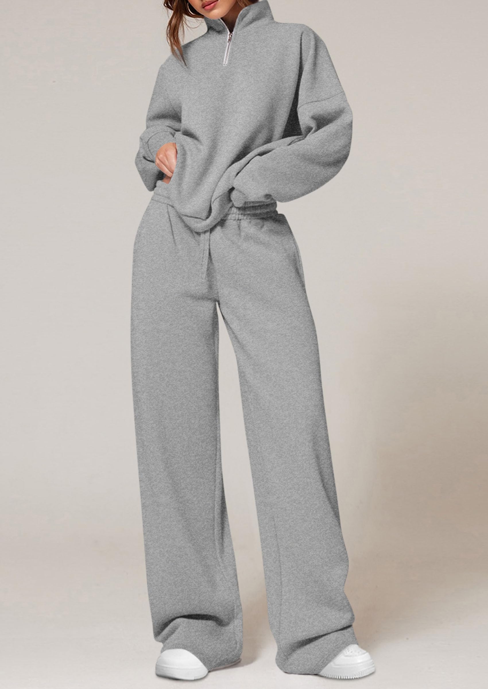 Chichi Womens Casual Two Piece Sets Fall Outfits Quarter Zip Sweatshirts Straight Leg Pants Sweatsuits Tracksuit Grey
