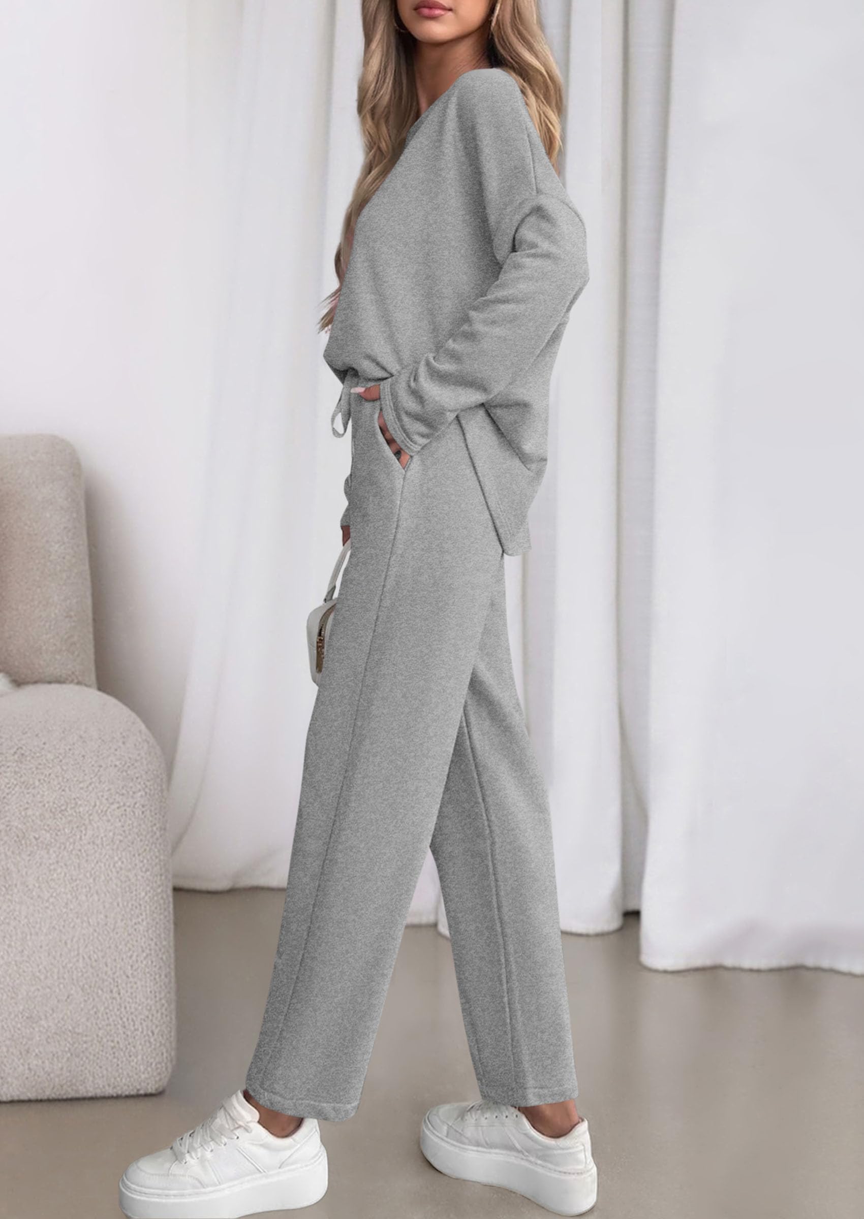 Chichi Womens 2 Piece Matching Lounge Sets Fall Long Sleeve Boatneck Sweatsuit Drawstring Sweatpants Pockets Grey