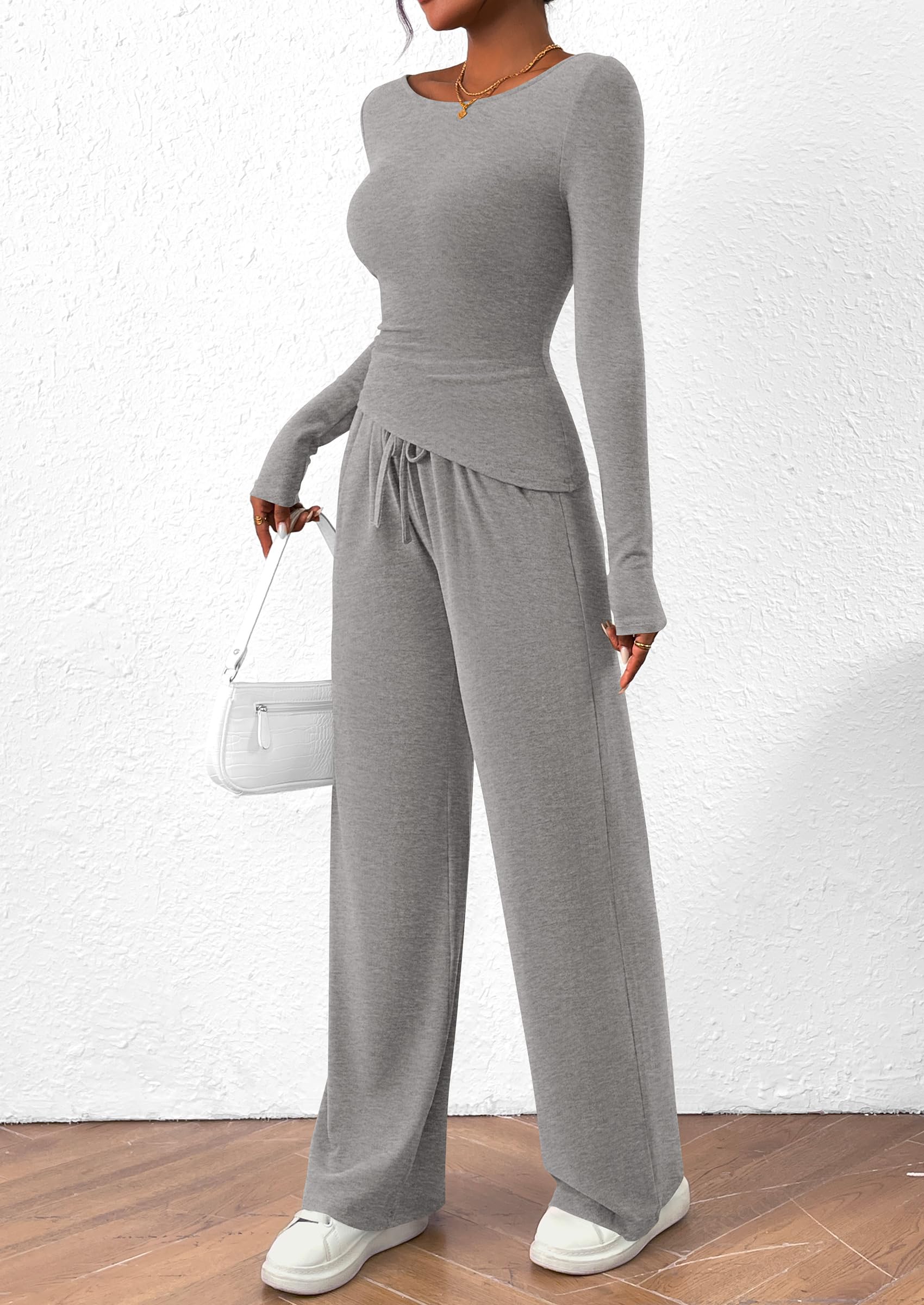 Chichi Women's 2 Piece Lounge Sets Asymmetrical Long Sleeve T Shirt Wide Leg Pants Casual Outfits Tracksuit Grey