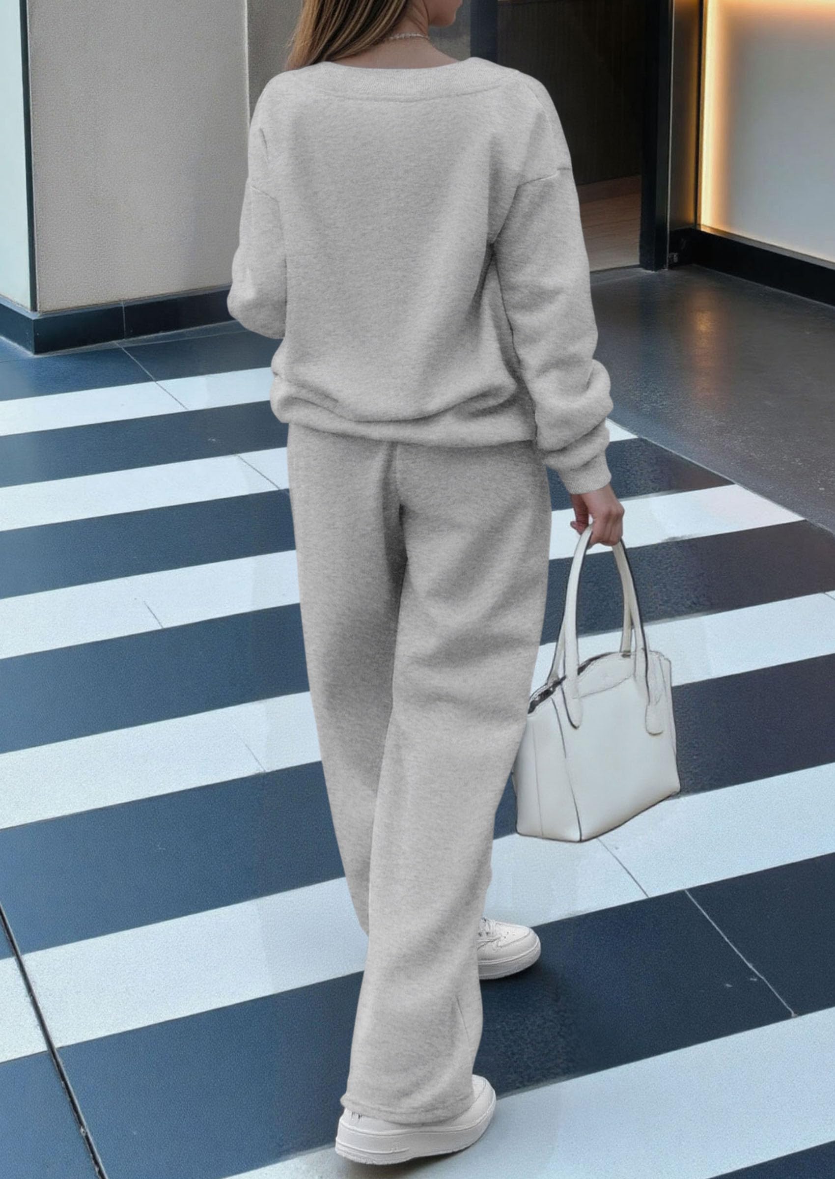 Chichi Casual Winter Two Piece Sets for Women V Neck Sweatshirt Loose Wide Leg Pants Tracksuit Knit Fall Outfits Grey