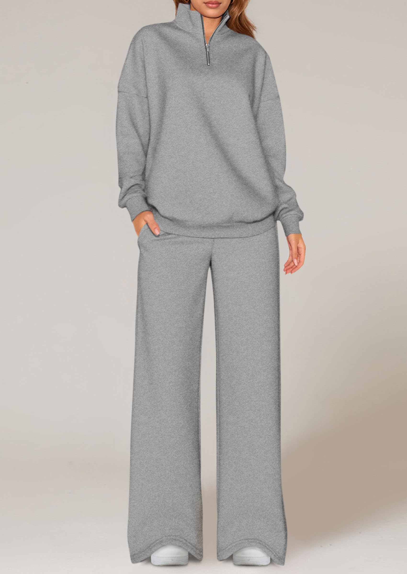 Chichi Womens Casual Two Piece Sets Fall Outfits Quarter Zip Sweatshirts Straight Leg Pants Sweatsuits Tracksuit Grey