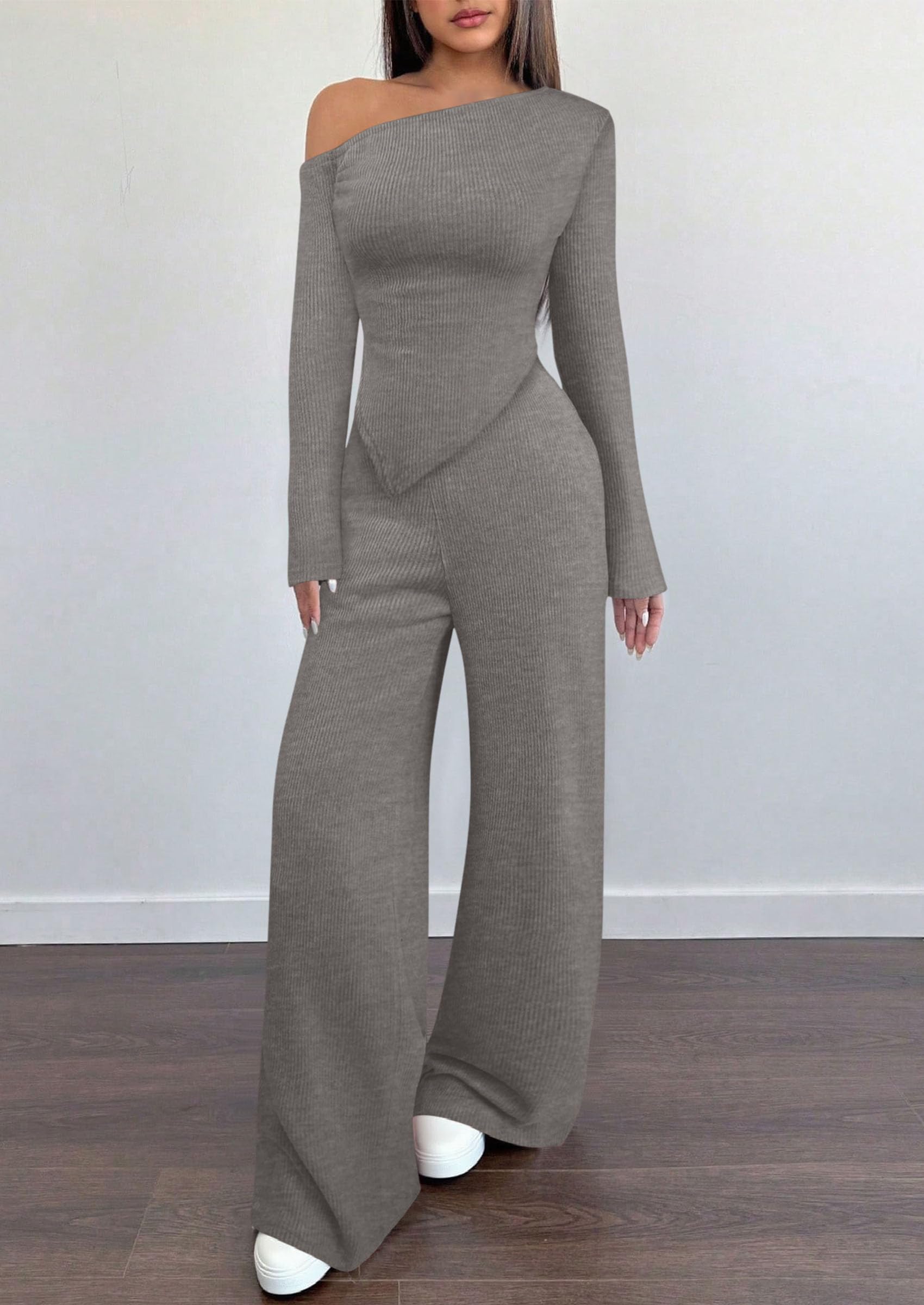 Chichi Casual Two Piece Sets for Women Fall Outfits Asymmetrical Off Shoulder Tops Wide Leg Pants Knit Lounge Set Grey