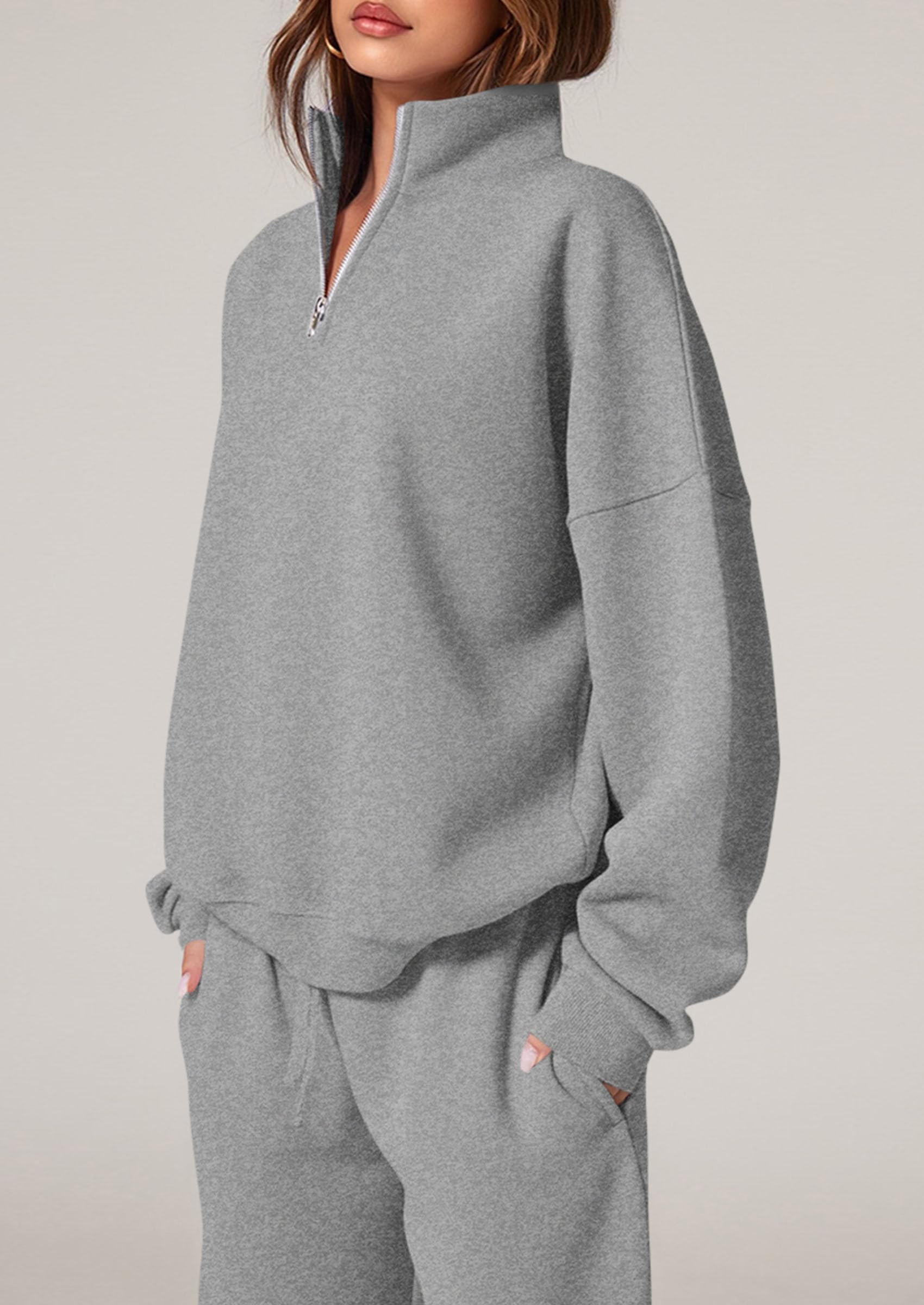 Chichi Womens Casual Two Piece Sets Fall Outfits Quarter Zip Sweatshirts Straight Leg Pants Sweatsuits Tracksuit Grey