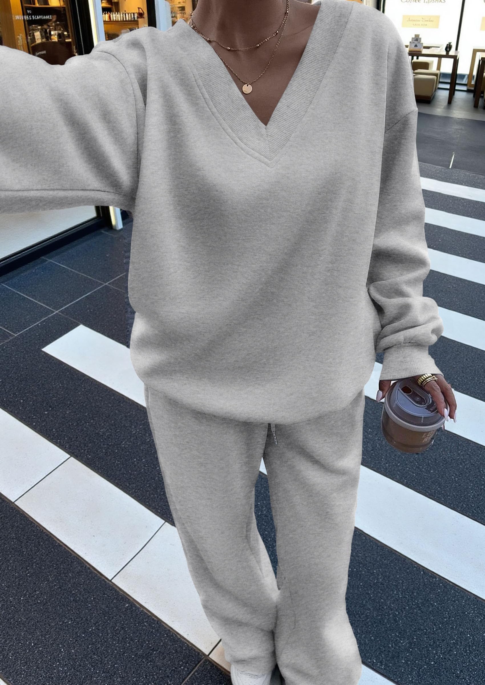 Chichi Casual Winter Two Piece Sets for Women V Neck Sweatshirt Loose Wide Leg Pants Tracksuit Knit Fall Outfits Grey