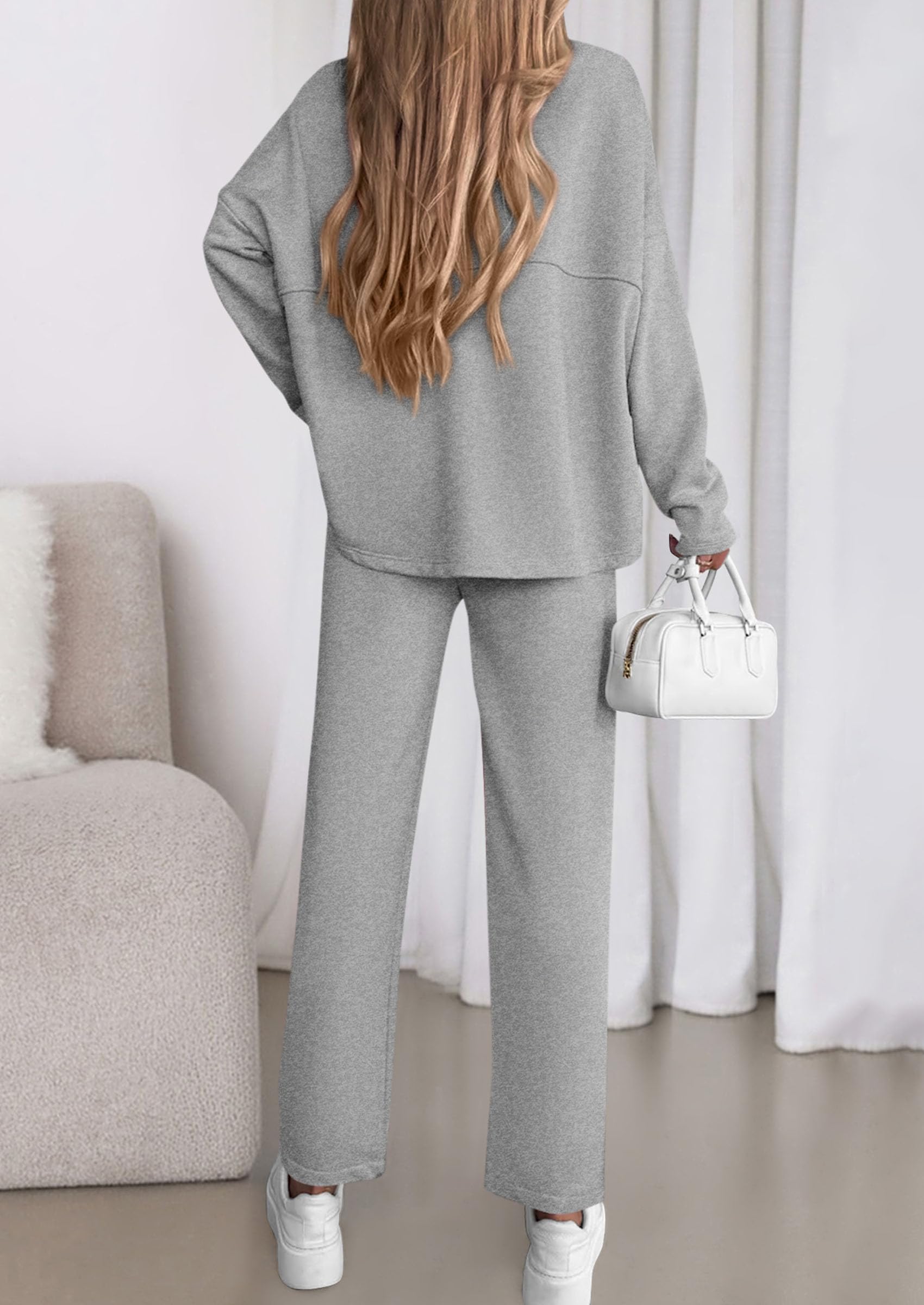 Chichi Womens 2 Piece Matching Lounge Sets Fall Long Sleeve Boatneck Sweatsuit Drawstring Sweatpants Pockets Grey