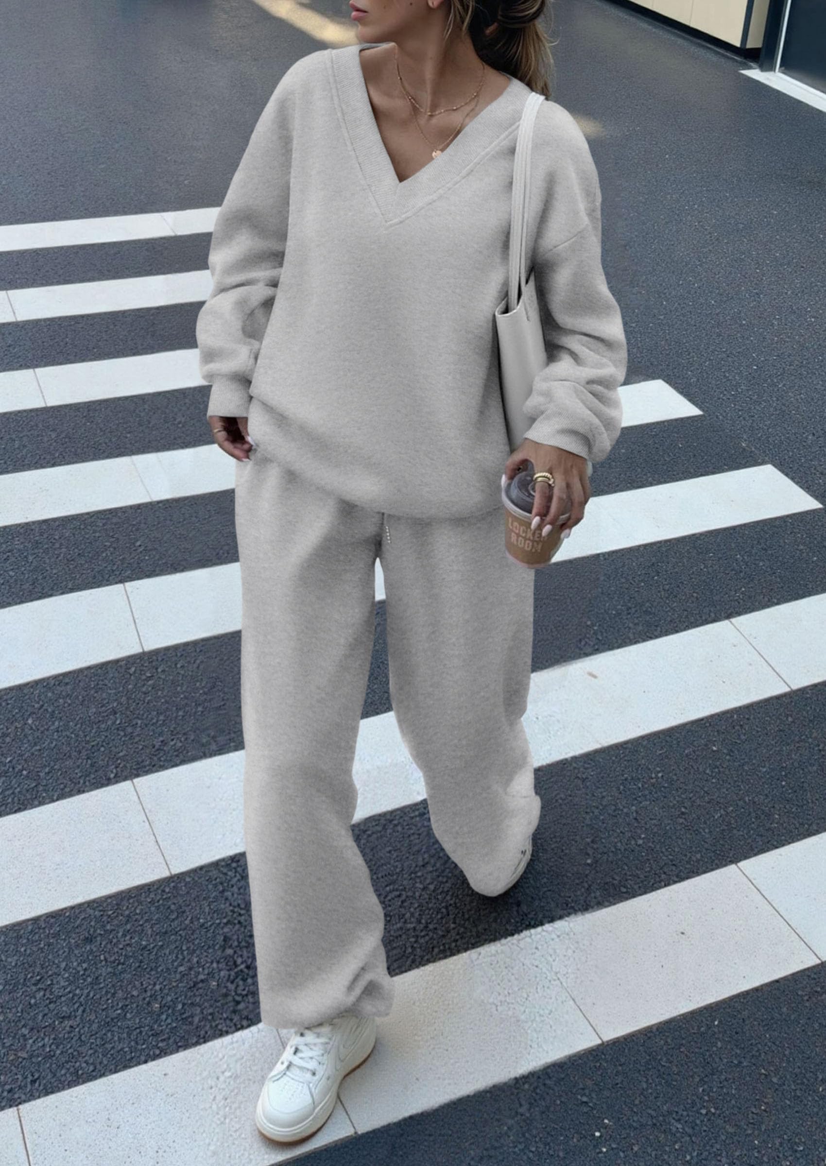 Chichi Casual Winter Two Piece Sets for Women V Neck Sweatshirt Loose Wide Leg Pants Tracksuit Knit Fall Outfits Grey