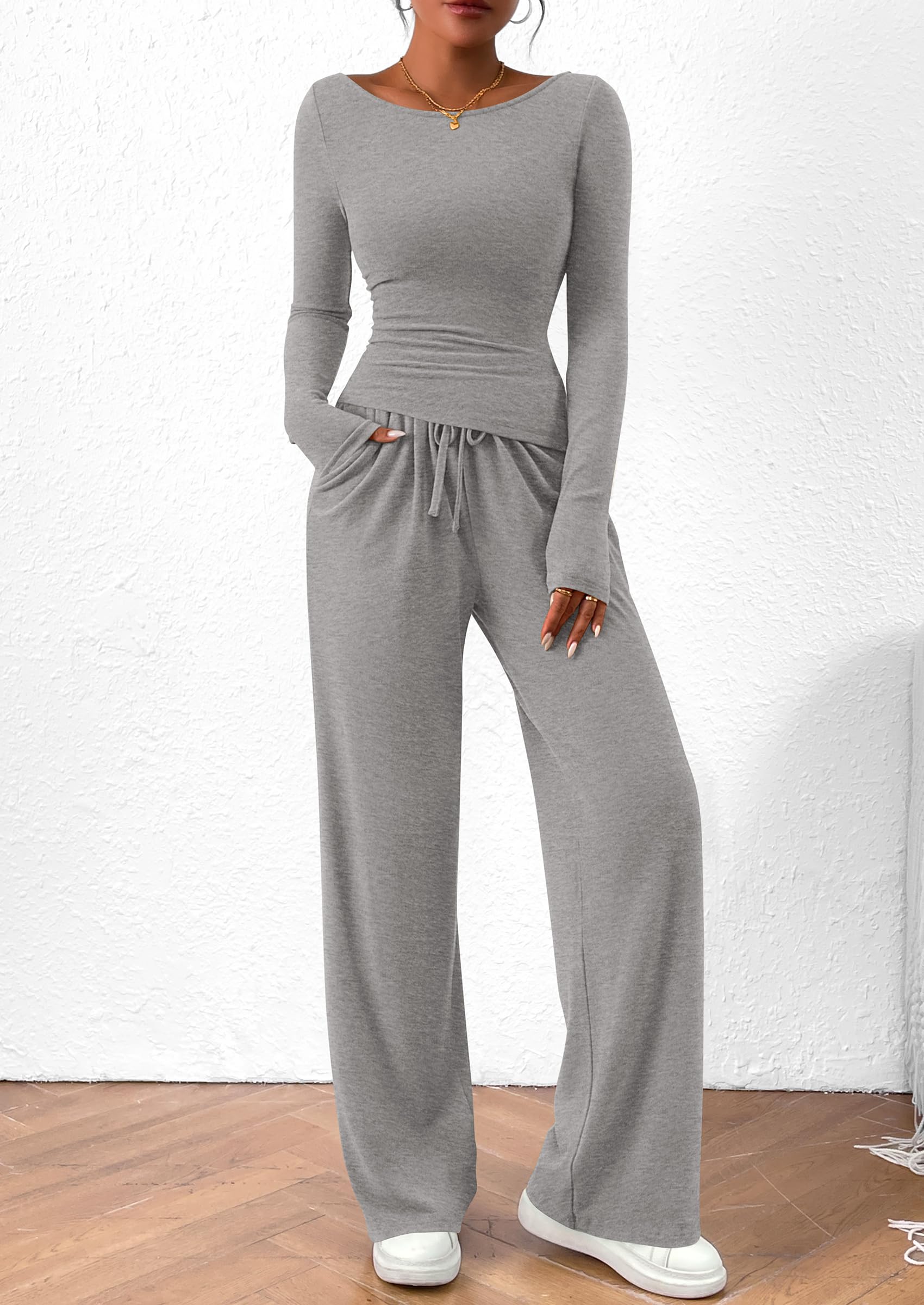 Chichi Women's 2 Piece Lounge Sets Asymmetrical Long Sleeve T Shirt Wide Leg Pants Casual Outfits Tracksuit Grey