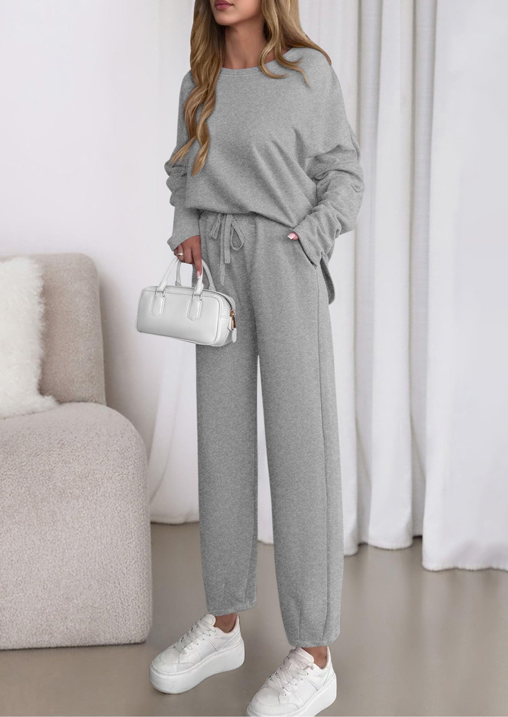Chichi Womens 2 Piece Matching Lounge Sets Fall Long Sleeve Boatneck Sweatsuit Drawstring Sweatpants Pockets Grey