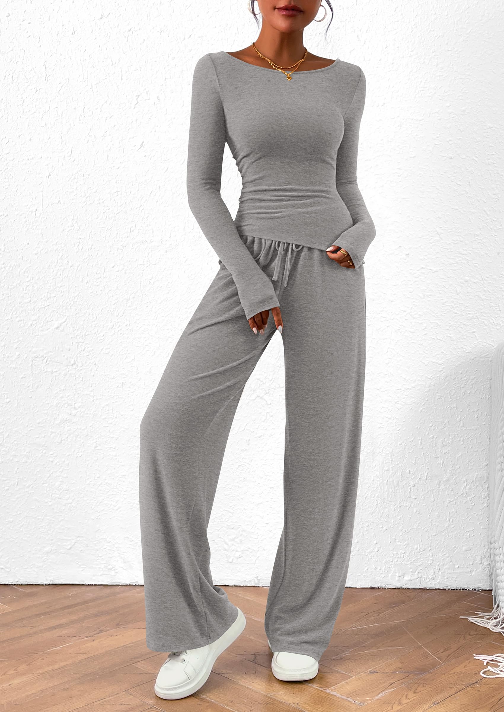 Chichi Women's 2 Piece Lounge Sets Asymmetrical Long Sleeve T Shirt Wide Leg Pants Casual Outfits Tracksuit Grey