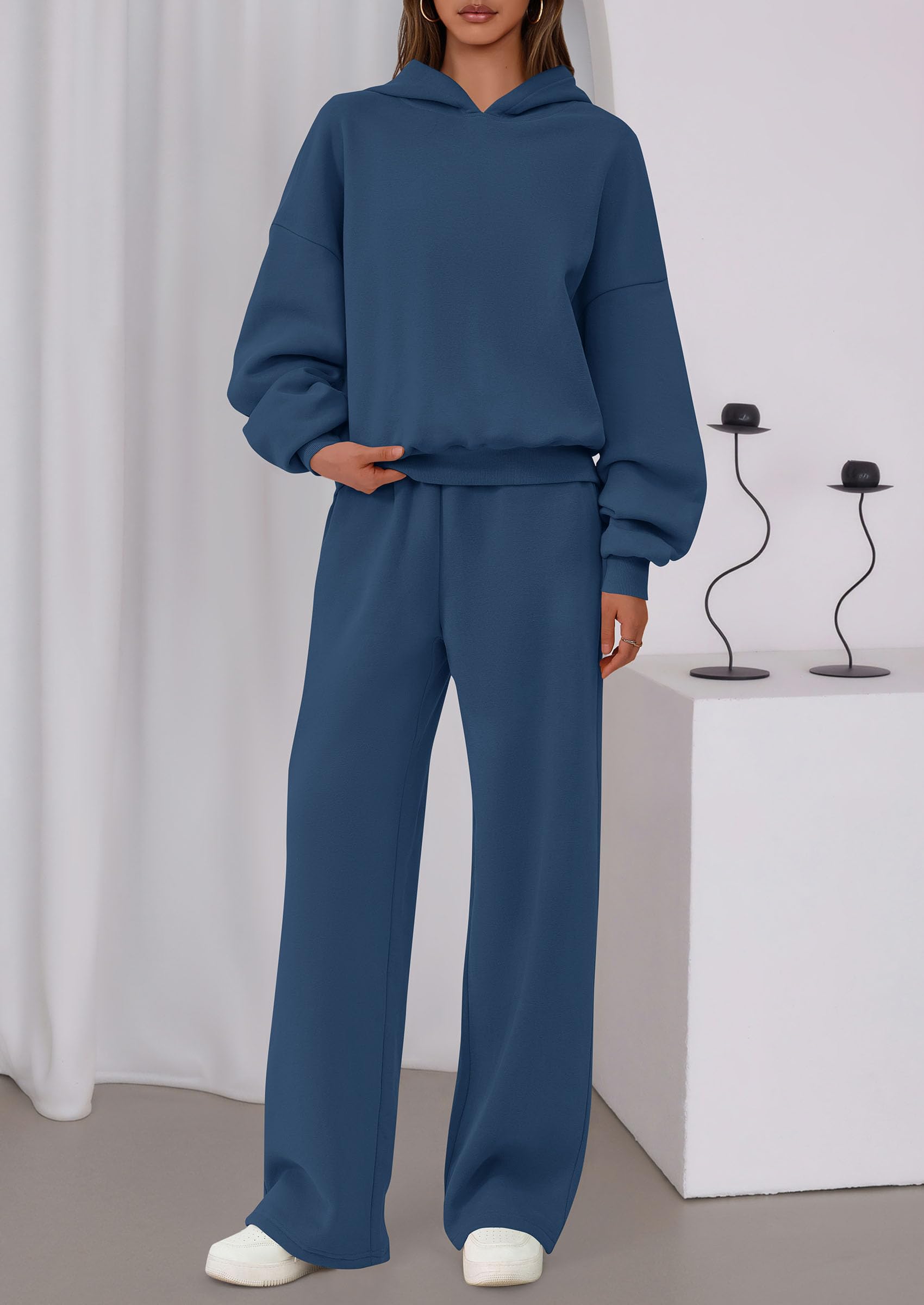 Chichi Womens Sweatsuits 2 Piece Set Casual Winter Long Sleeve Hoodie Loose Wide Leg Sweatpants Fall Tracksuit Grey Blue