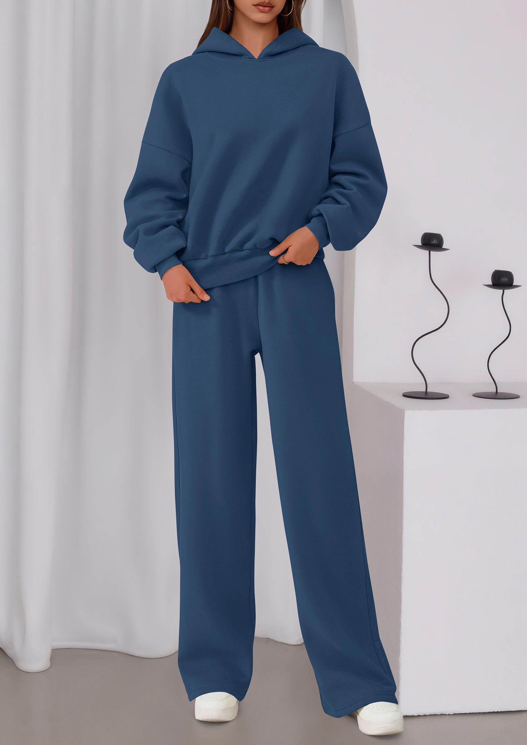 Chichi Womens Sweatsuits 2 Piece Set Casual Winter Long Sleeve Hoodie Loose Wide Leg Sweatpants Fall Tracksuit Grey Blue