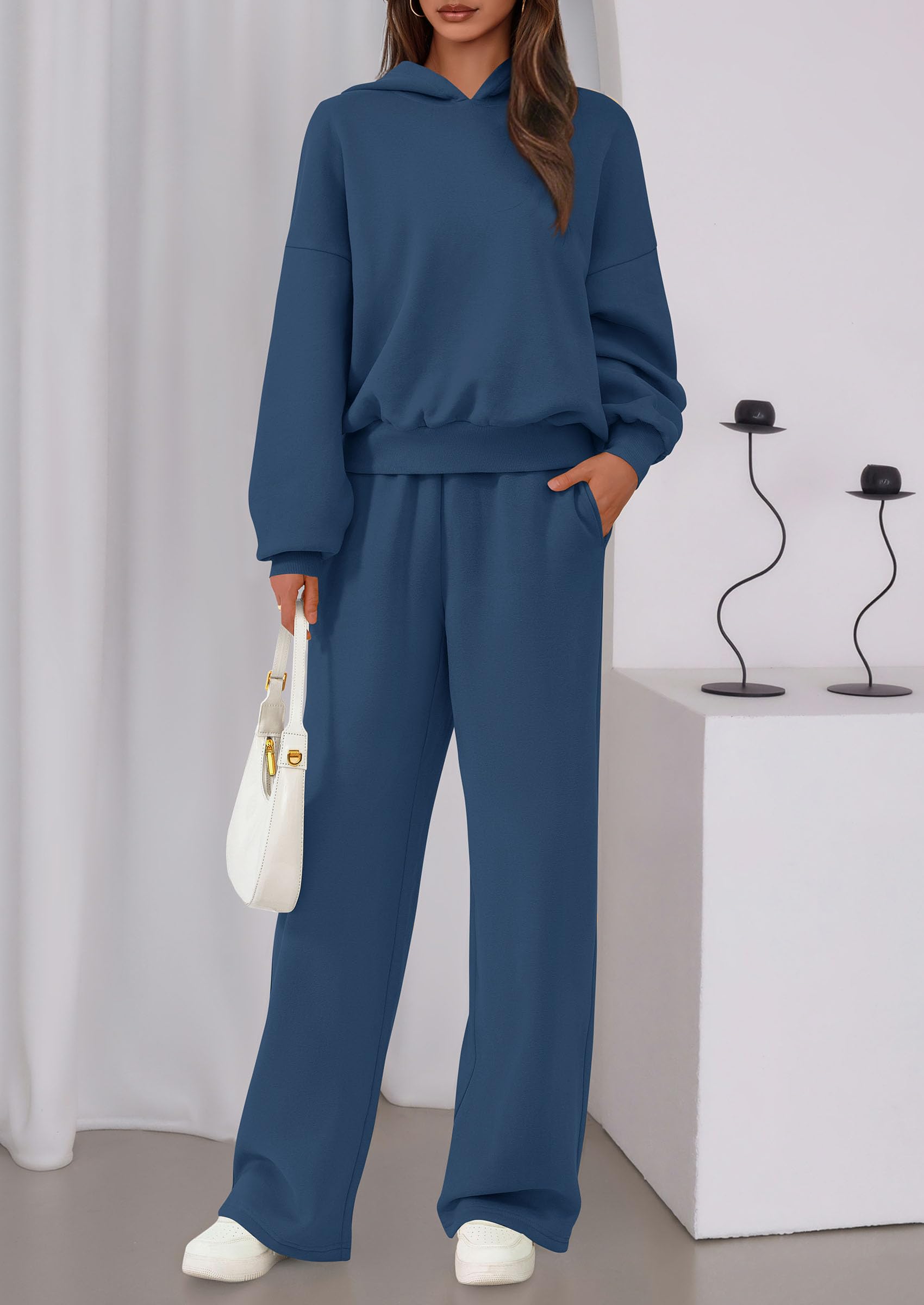 Chichi Womens Sweatsuits 2 Piece Set Casual Winter Long Sleeve Hoodie Loose Wide Leg Sweatpants Fall Tracksuit Grey Blue