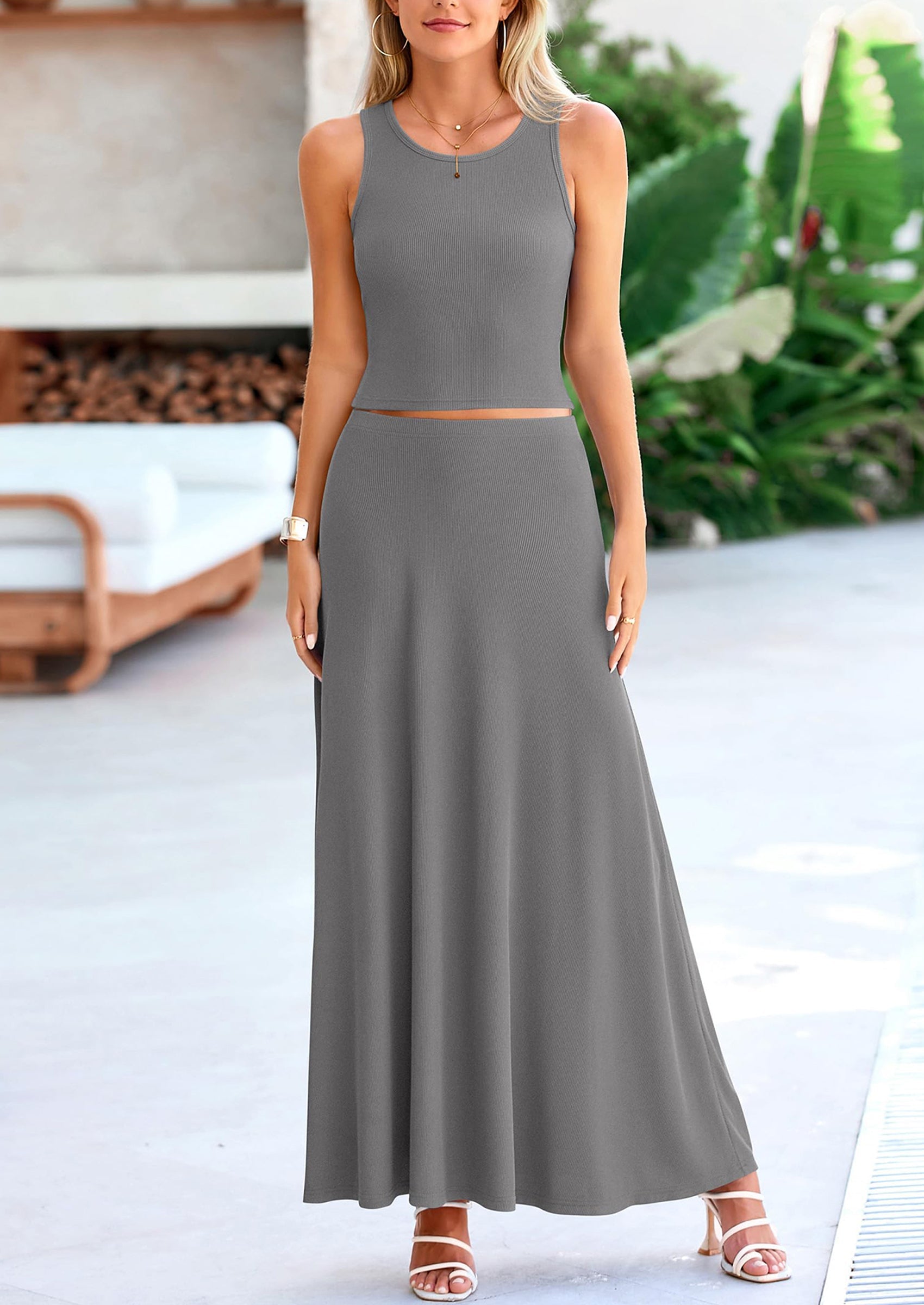 Chichi 2 Piece Maxi Skirt Sets Casual Knit Cropped Tank Top High Waisted Long Skirts Outfit Grey