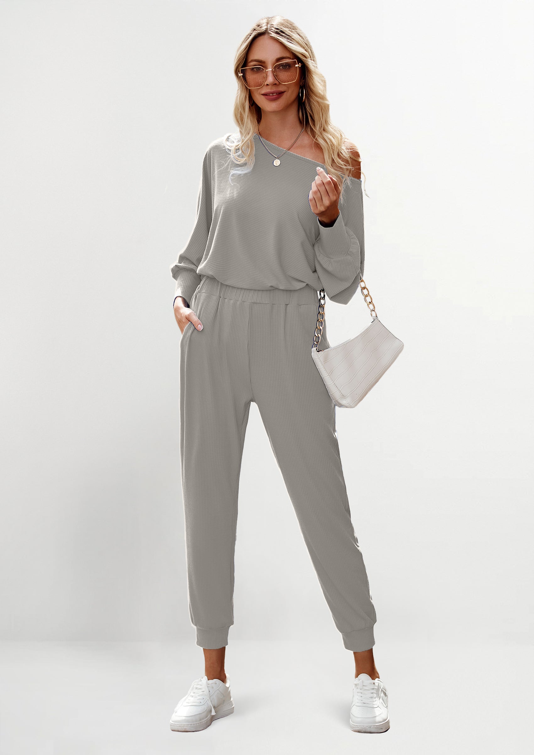 Chichi Women's 2 Piece Ribbed Tracksuit Outfits Off Shoulder Long Sleeve Pullover Lounge Pants with Pockets