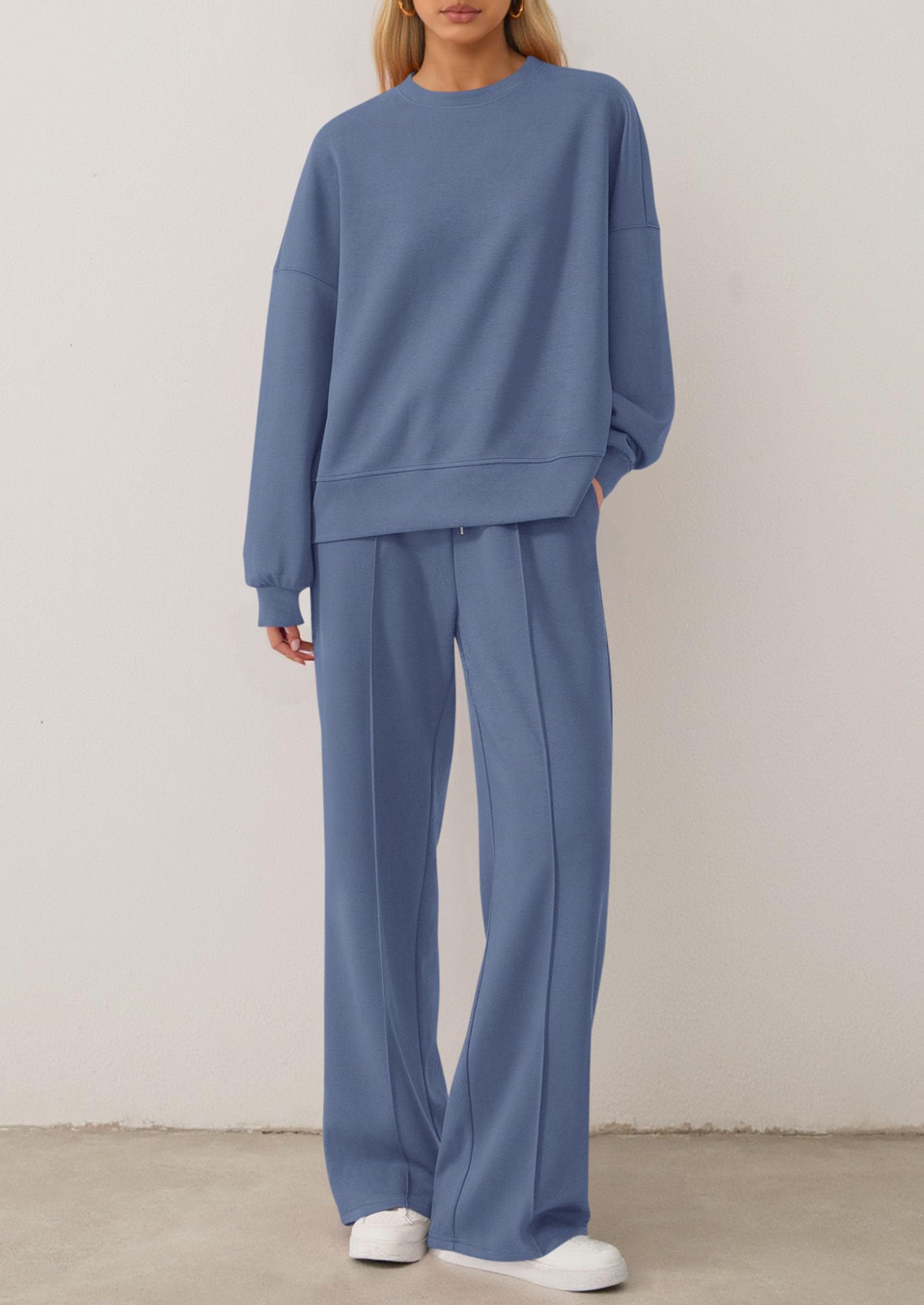 Chichi 2 Piece Sets For Women Fall Trendy Long Sleeve Sweatshirt Wide Leg Pants Loungewear Set Matching Sweatsuit Grey Blue