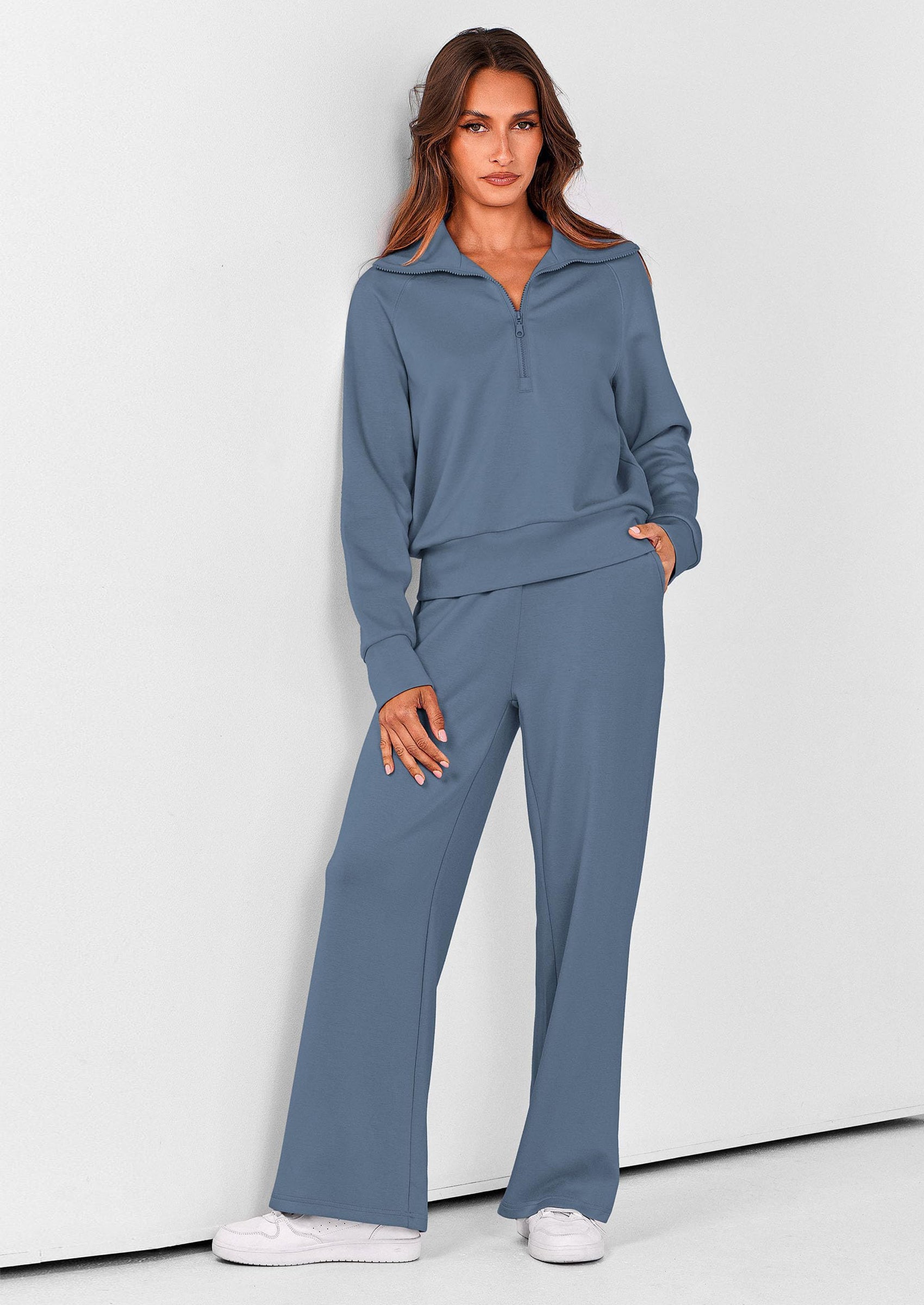 Chichi Women's 2 Piece Outfits Casual Lapel Half Zip Sweatshirts And Wide Leg Pants Tracksuit Sets Black