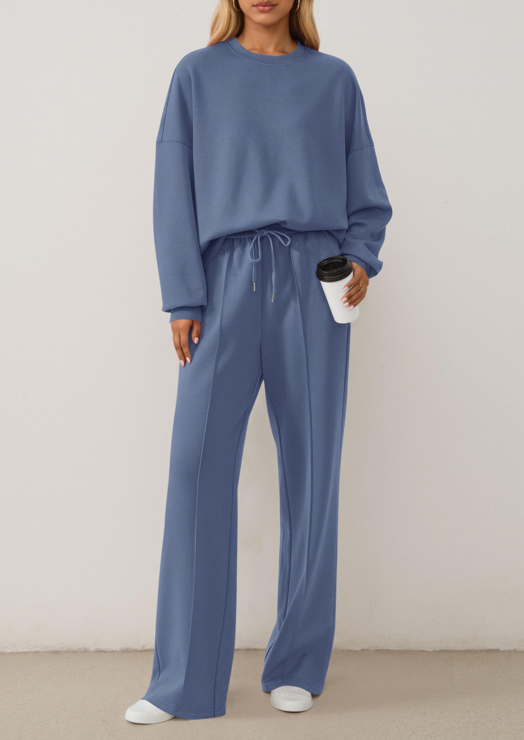 Chichi 2 Piece Sets For Women Fall Trendy Long Sleeve Sweatshirt Wide Leg Pants Loungewear Set Matching Sweatsuit Grey Blue