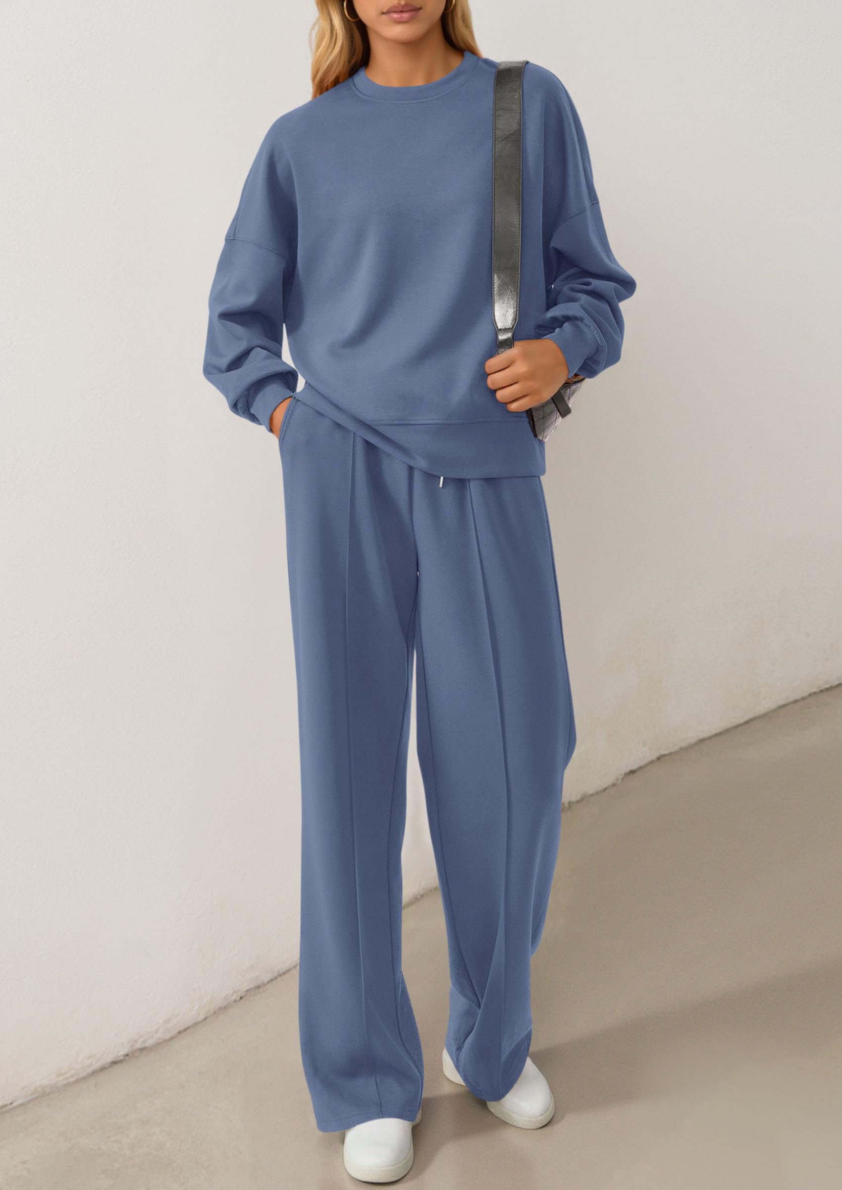 Chichi 2 Piece Sets For Women Fall Trendy Long Sleeve Sweatshirt Wide Leg Pants Loungewear Set Matching Sweatsuit Grey Blue