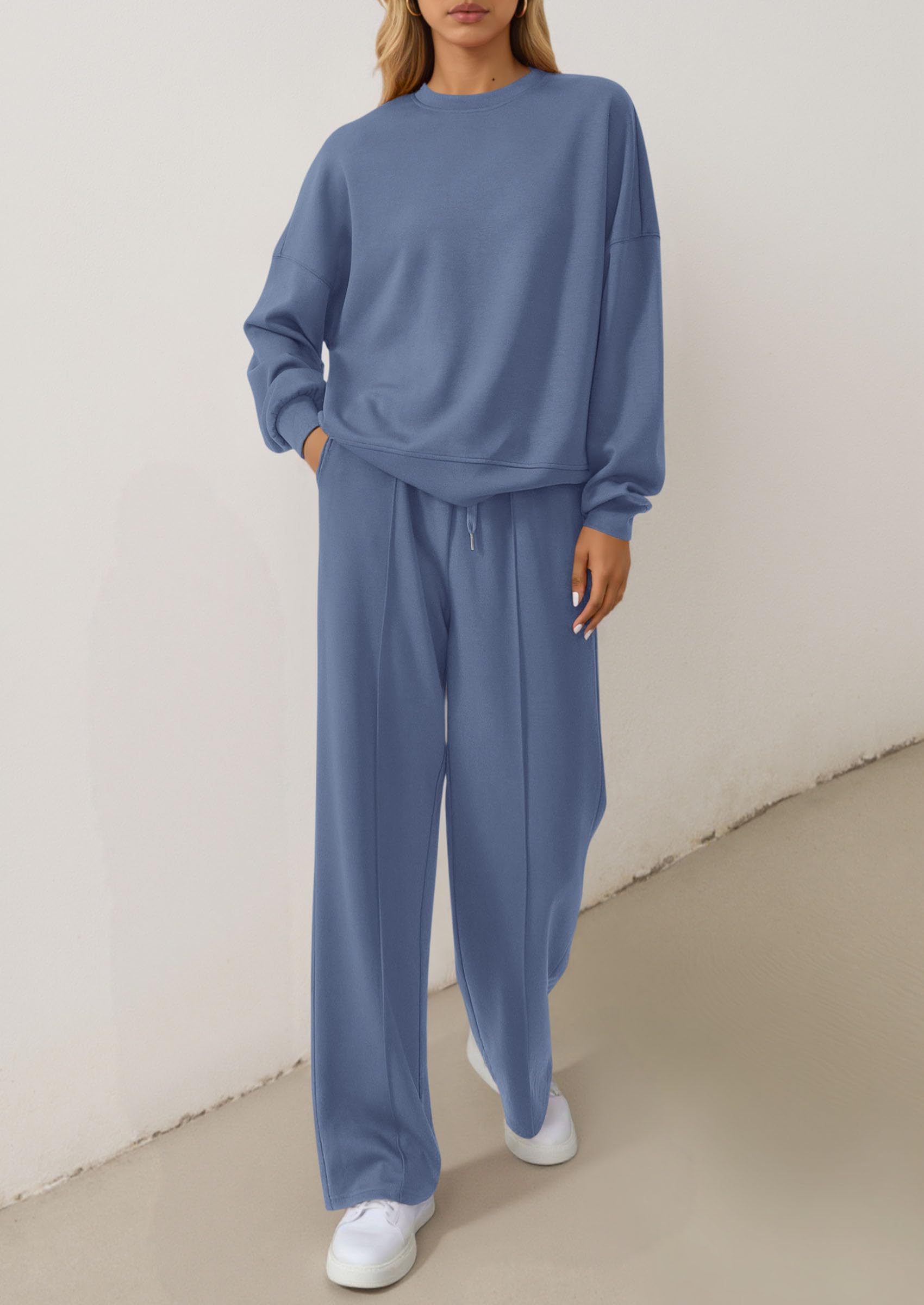 Chichi 2 Piece Sets For Women Fall Trendy Long Sleeve Sweatshirt Wide Leg Pants Loungewear Set Matching Sweatsuit Grey Blue