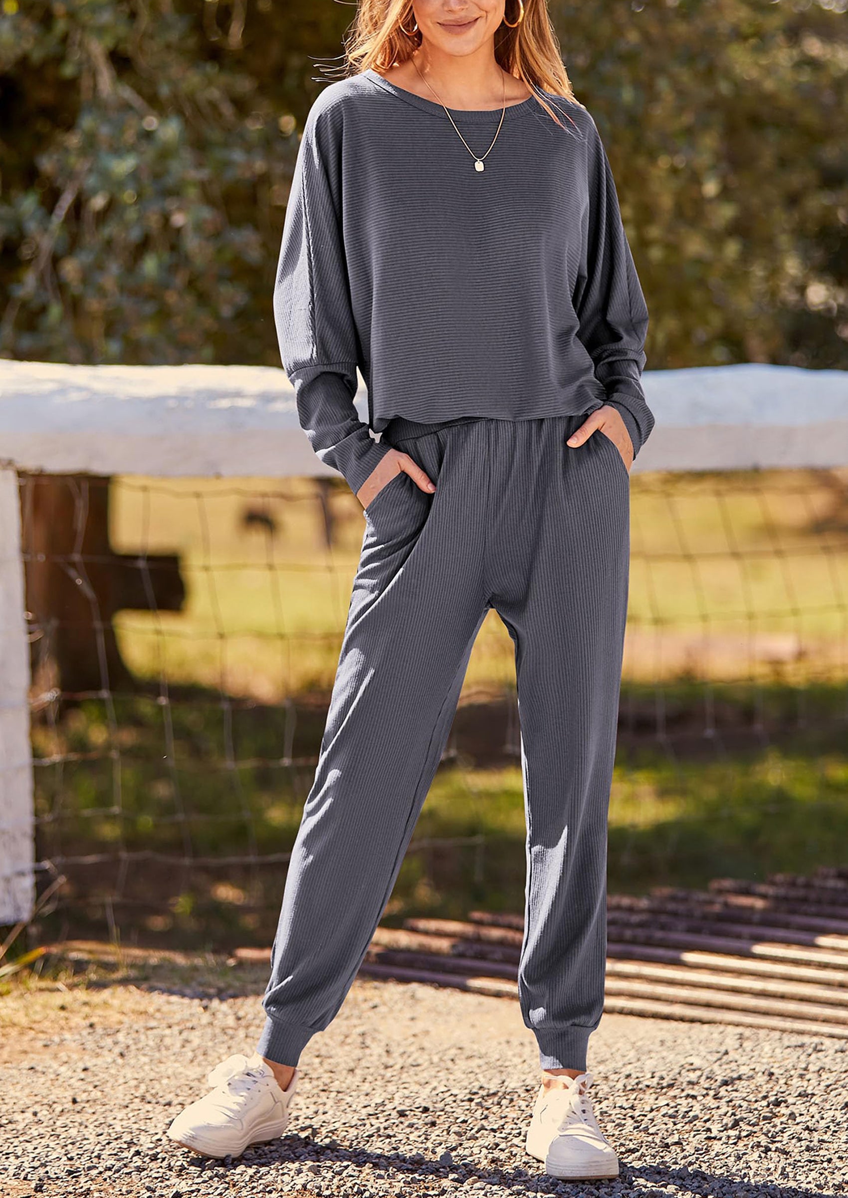 Chichi Women's Fall 2 Piece Lounge Set Long Sleeve Tops Ribbed Pants Spring Matching Sweatsuit Travel Outfits Clothes Grey Blue