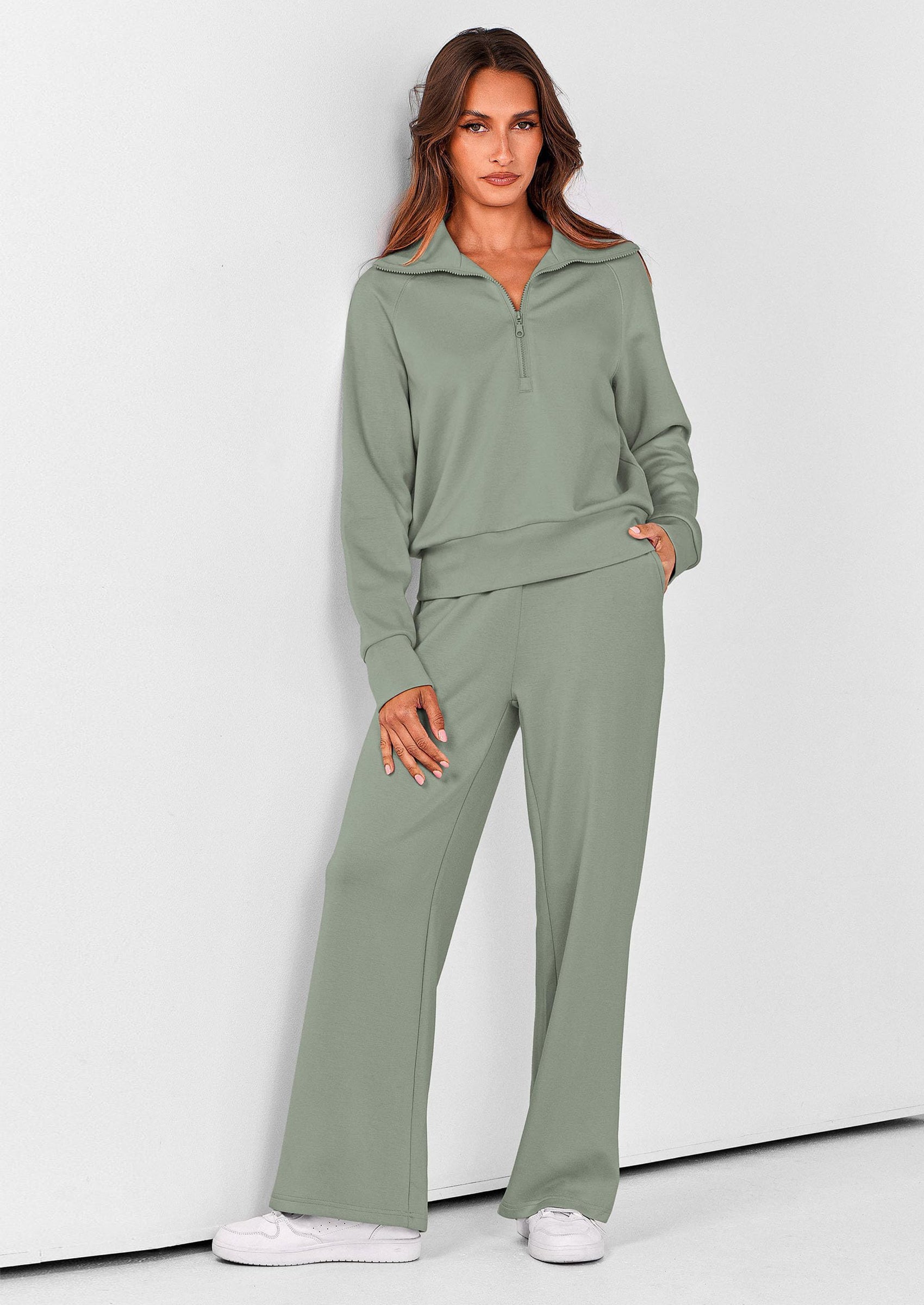 Chichi Women's 2 Piece Outfits Casual Lapel Half Zip Sweatshirts And Wide Leg Pants Tracksuit Sets Grey Green