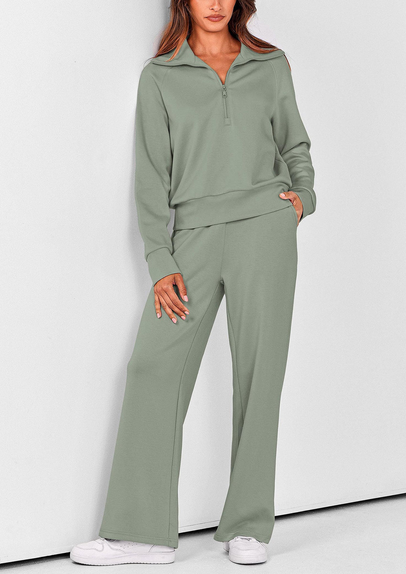 Chichi Women's 2 Piece Outfits Casual Lapel Half Zip Sweatshirts And Wide Leg Pants Tracksuit Sets Grey Green