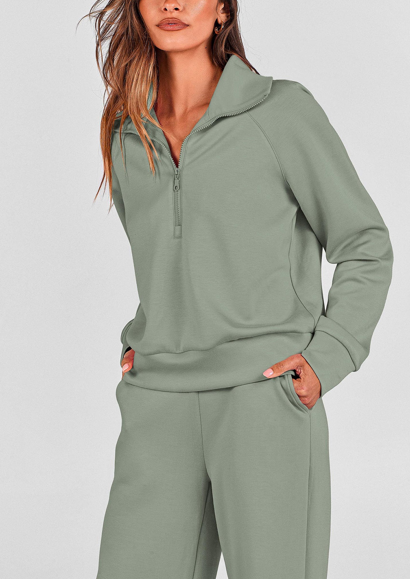 Chichi Women's 2 Piece Outfits Casual Lapel Half Zip Sweatshirts And Wide Leg Pants Tracksuit Sets Grey Green