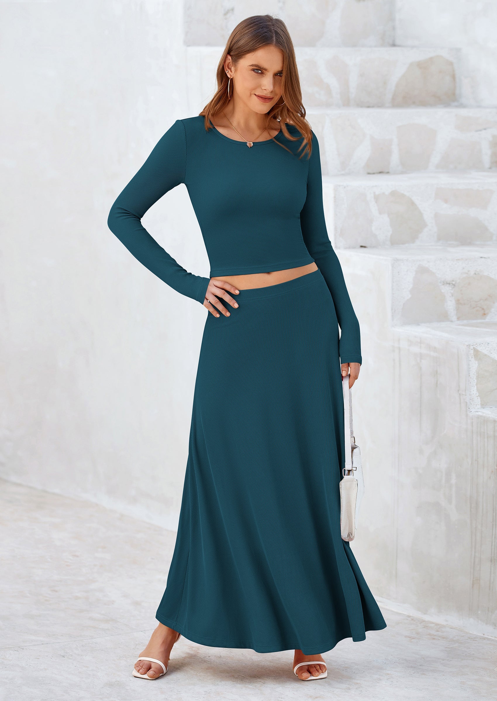 Chichi 2 Piece Casual Ribbed Knit Long Sleeve Crop Tops Maxi Flowy Skirts Matching Sets Black