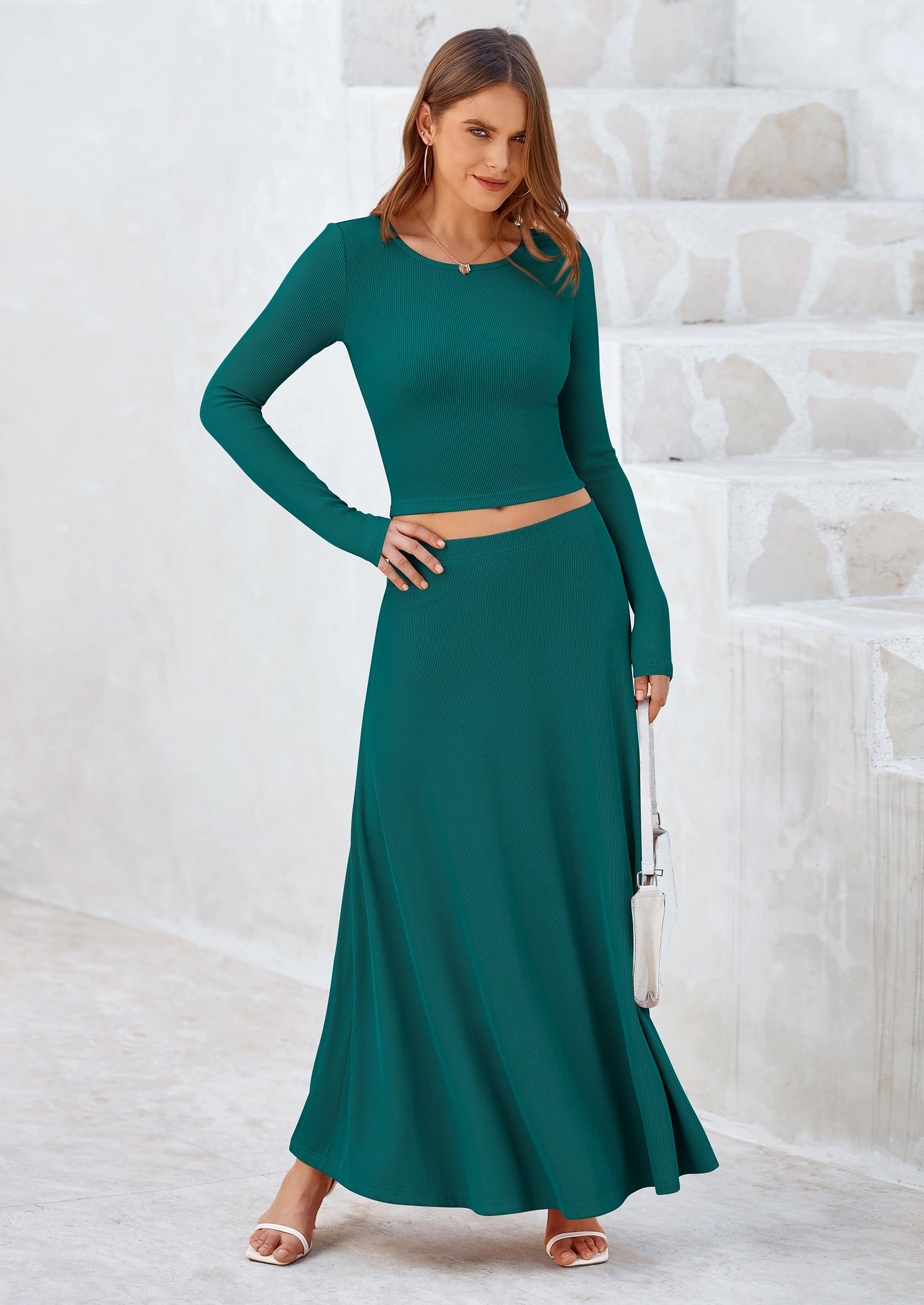 Chichi 2 Piece Casual Ribbed Knit Long Sleeve Crop Tops Maxi Flowy Skirts Matching Sets Blue Green
