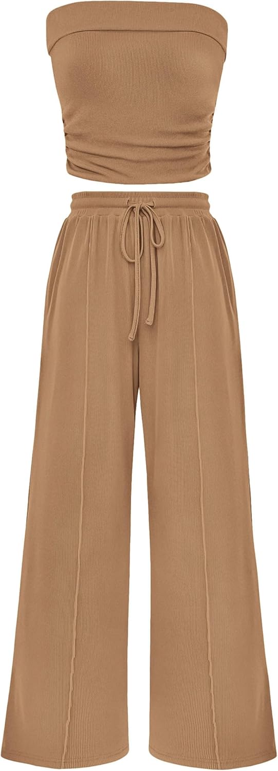 Chichi 2 Piece Sets Casual Ribbed Knit Crop Tube Top Wide Leg Pants Lounge Set Camel