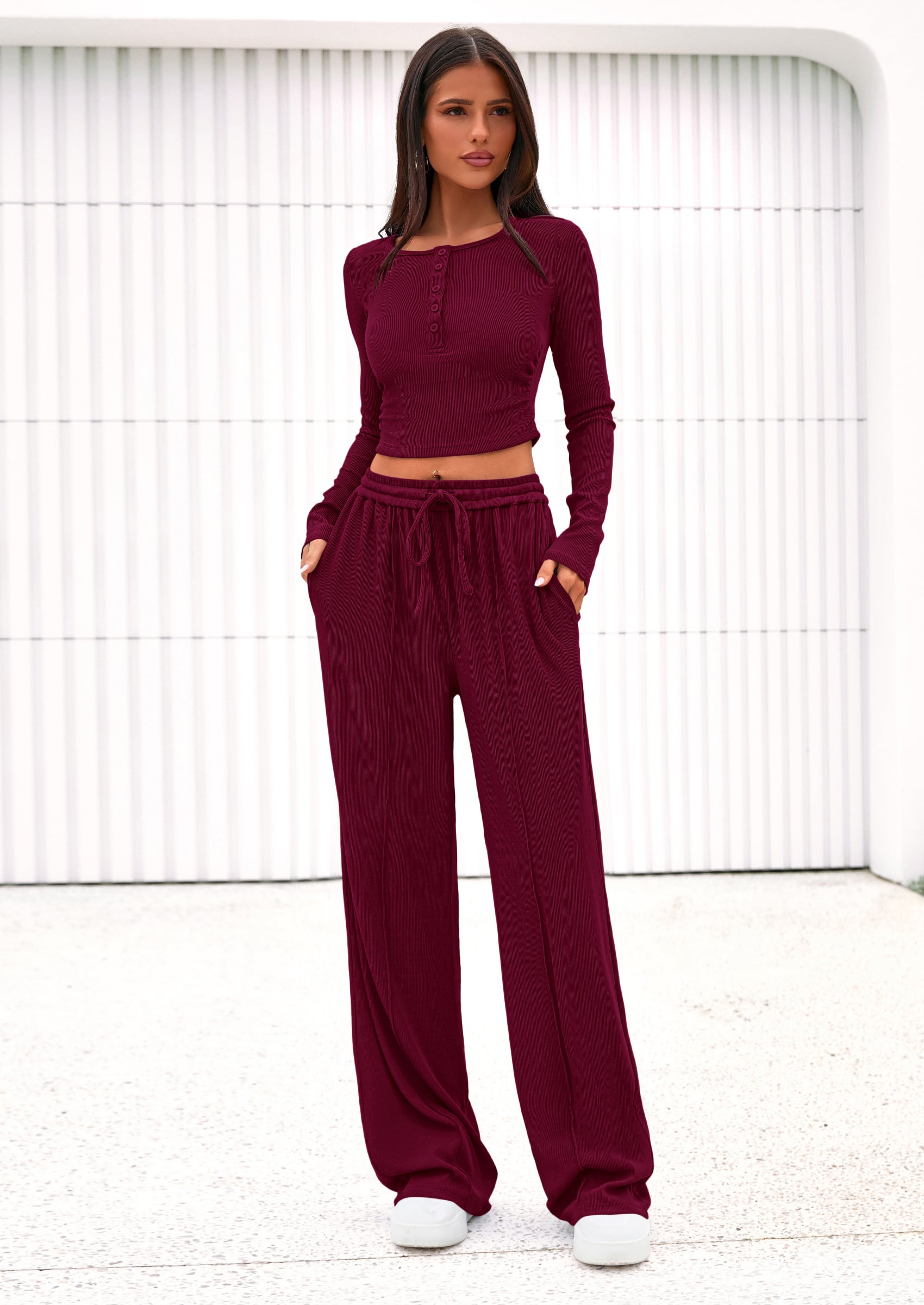 Chichi Women's Fall Trendy 2 Piece Outfits Lounge Sets Long Sleeve Top Henley Shirts Wide Leg Pants Travel Clothes Burgundy