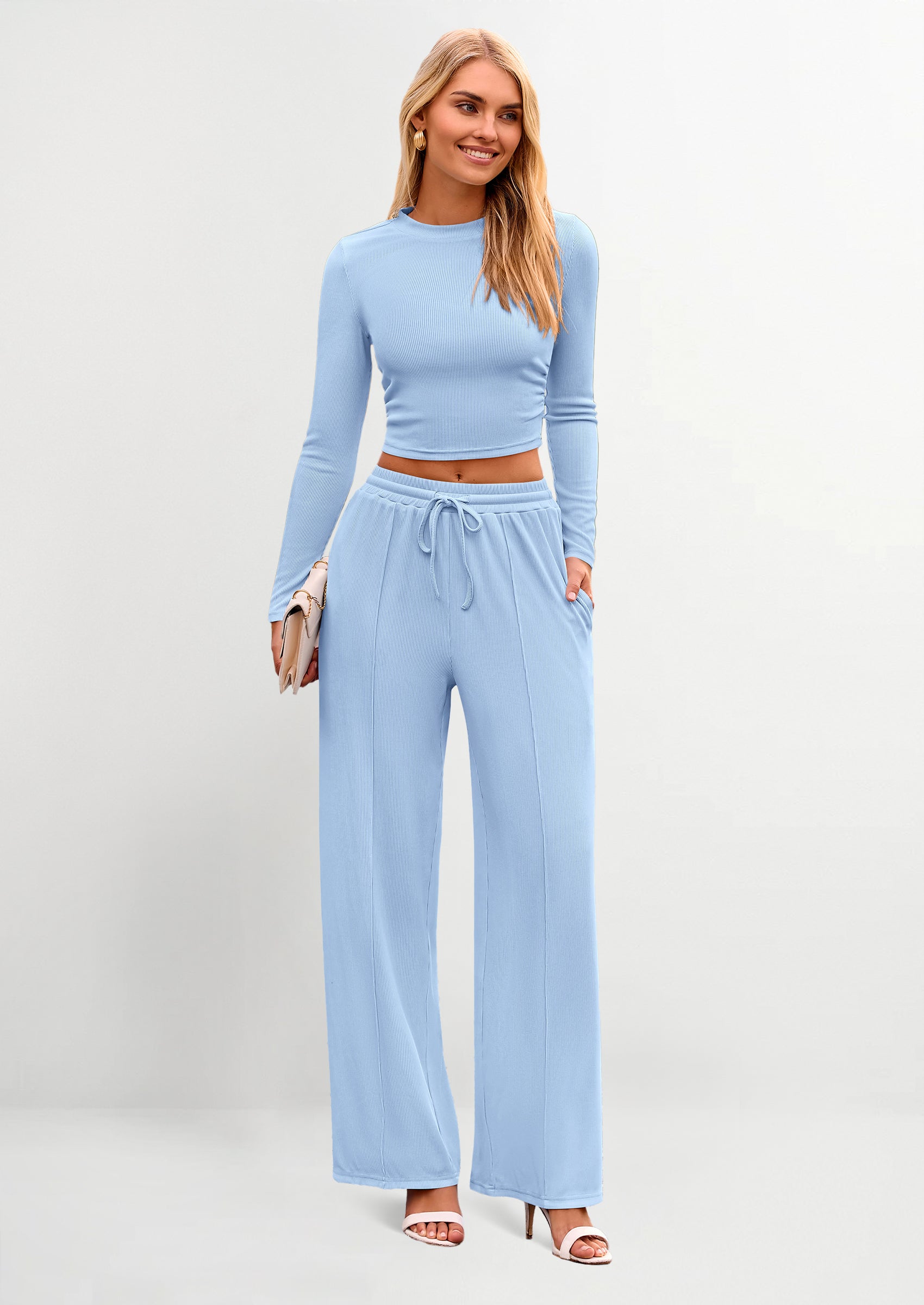 Chichi Women's 2 Piece Loungewear Long Sleeve Crop Top Wide Leg Palazzo Pants Set Tracksuits Casual Outfit Light Blue