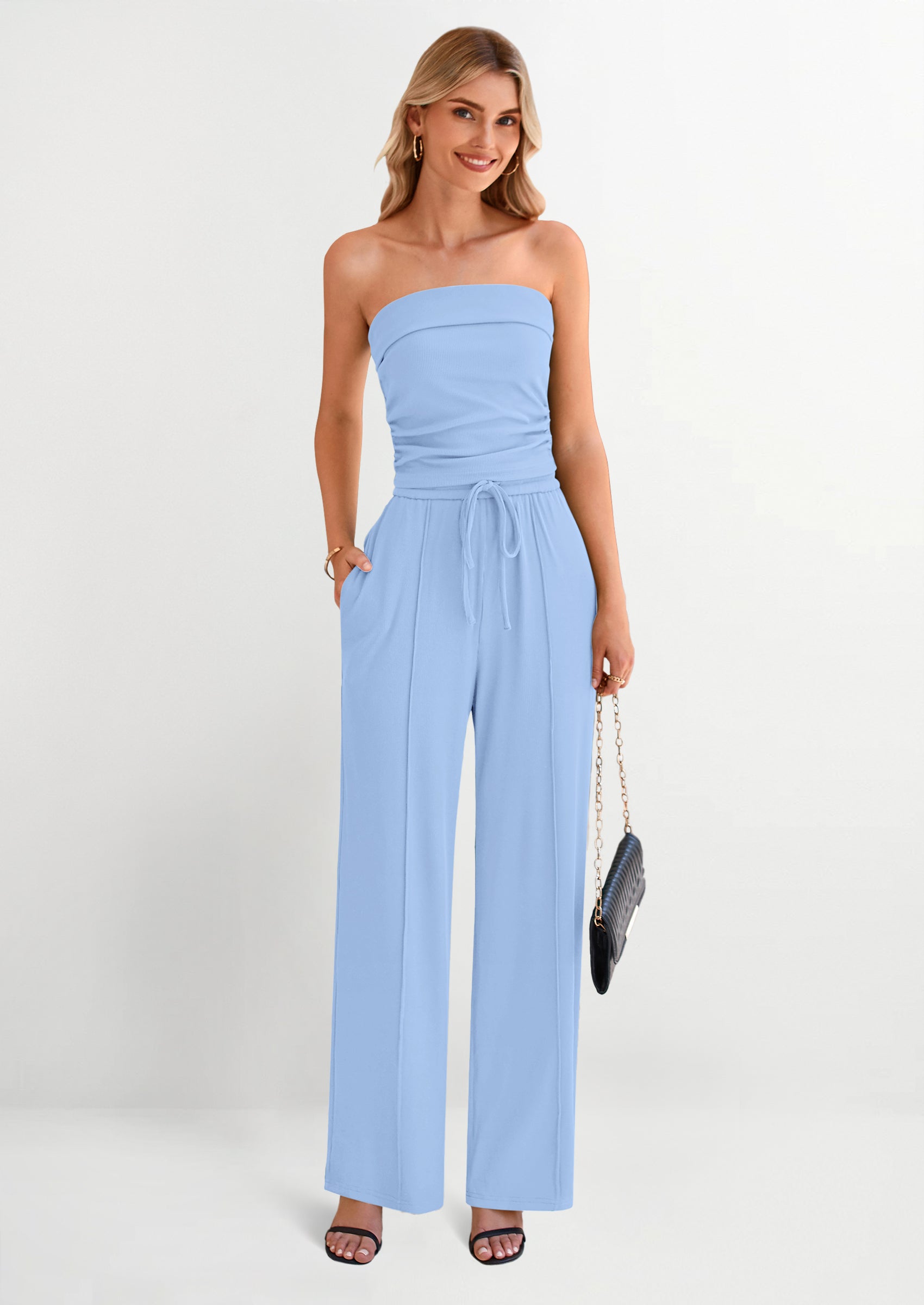Chichi 2 Piece Sets Casual Ribbed Knit Crop Tube Top Wide Leg Pants Lounge Set Light Blue