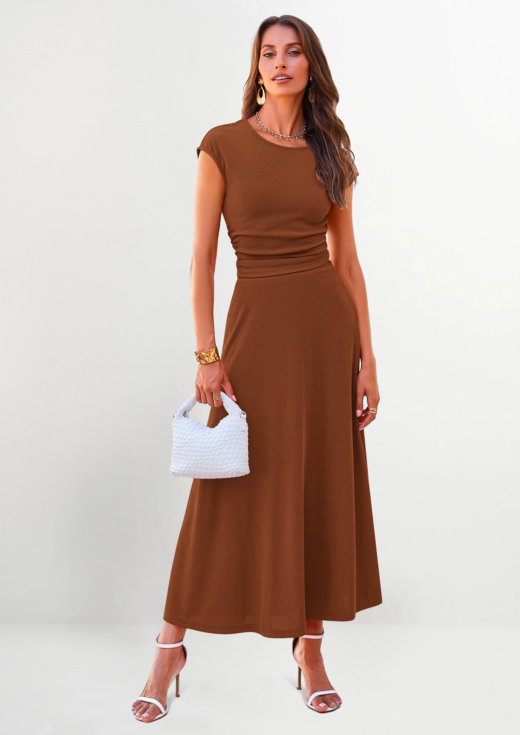 Chichi Summer Two Piece Skirt Set for Women Dressy Casual Knit Matching Travel Spring Vacation Lounge Outfits Dark Brown